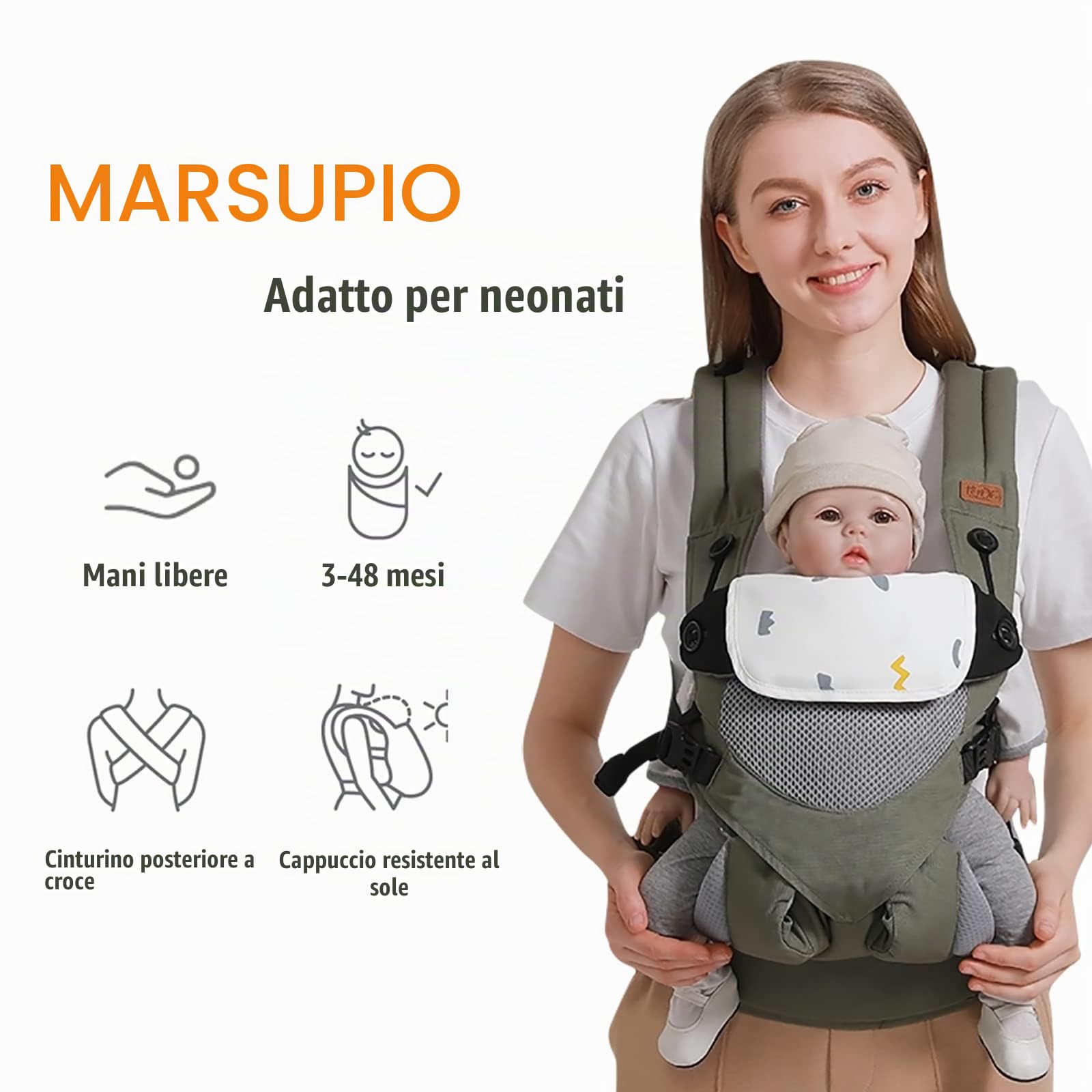 SONARIN 3-in-1 Marsupio Neonati Traspirante,Portantina Bebè Leggero Multifunzione Porta Bambino Ergonomico,Regolabile per Neonati e Bambini 3-48 Mesi,Tutte le Posizioni(Verde)