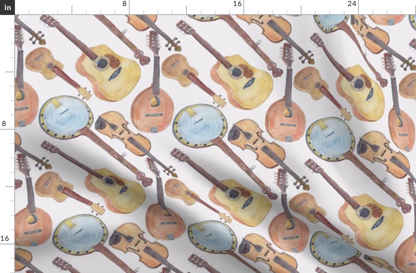 Spoonflower Fabric - Strings Violin Instruments Guitar Ukulele Printed on Organic Cotton Sateen Fabric by The Yard - Sewing Quilting Apparel Home Decor
