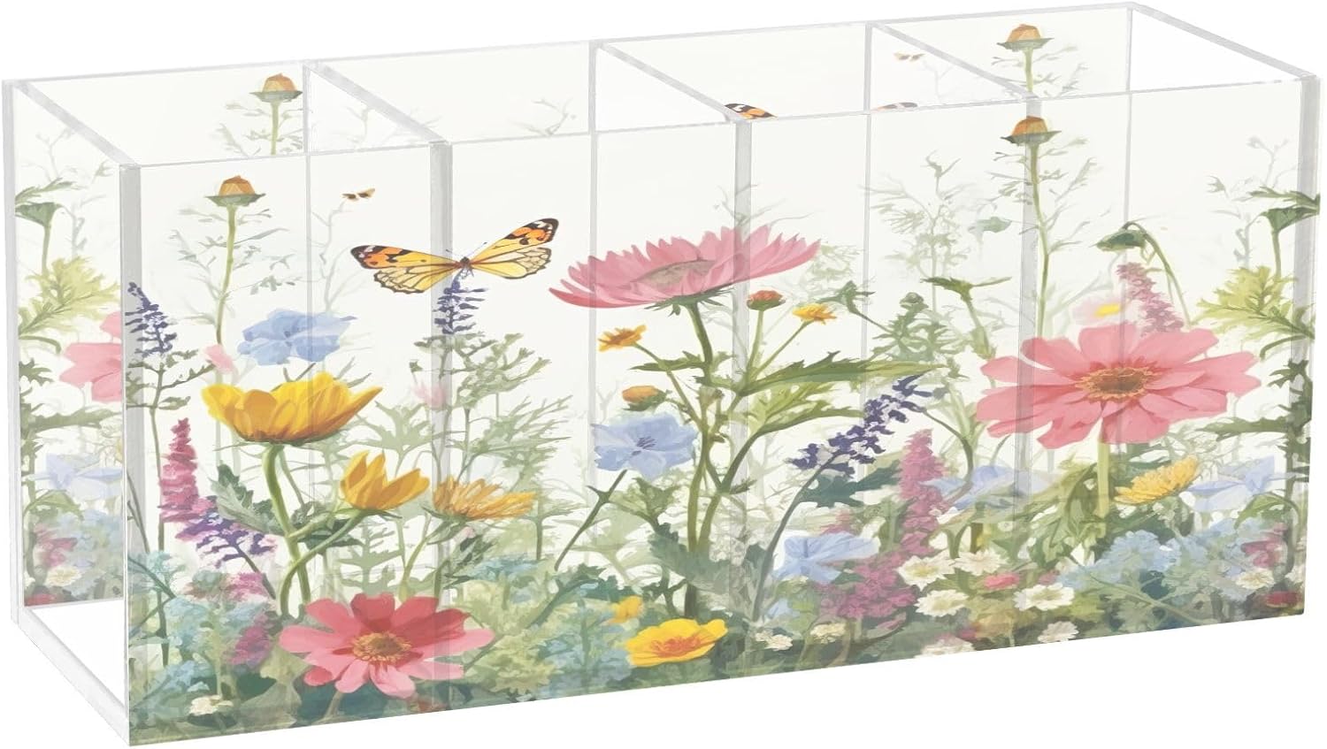 Wildflowers Butterfly Acrylic Pencil Holder 4 Compartments Clear Pen Holder Cup Makeup Brush Storage Organizer for Office Desk