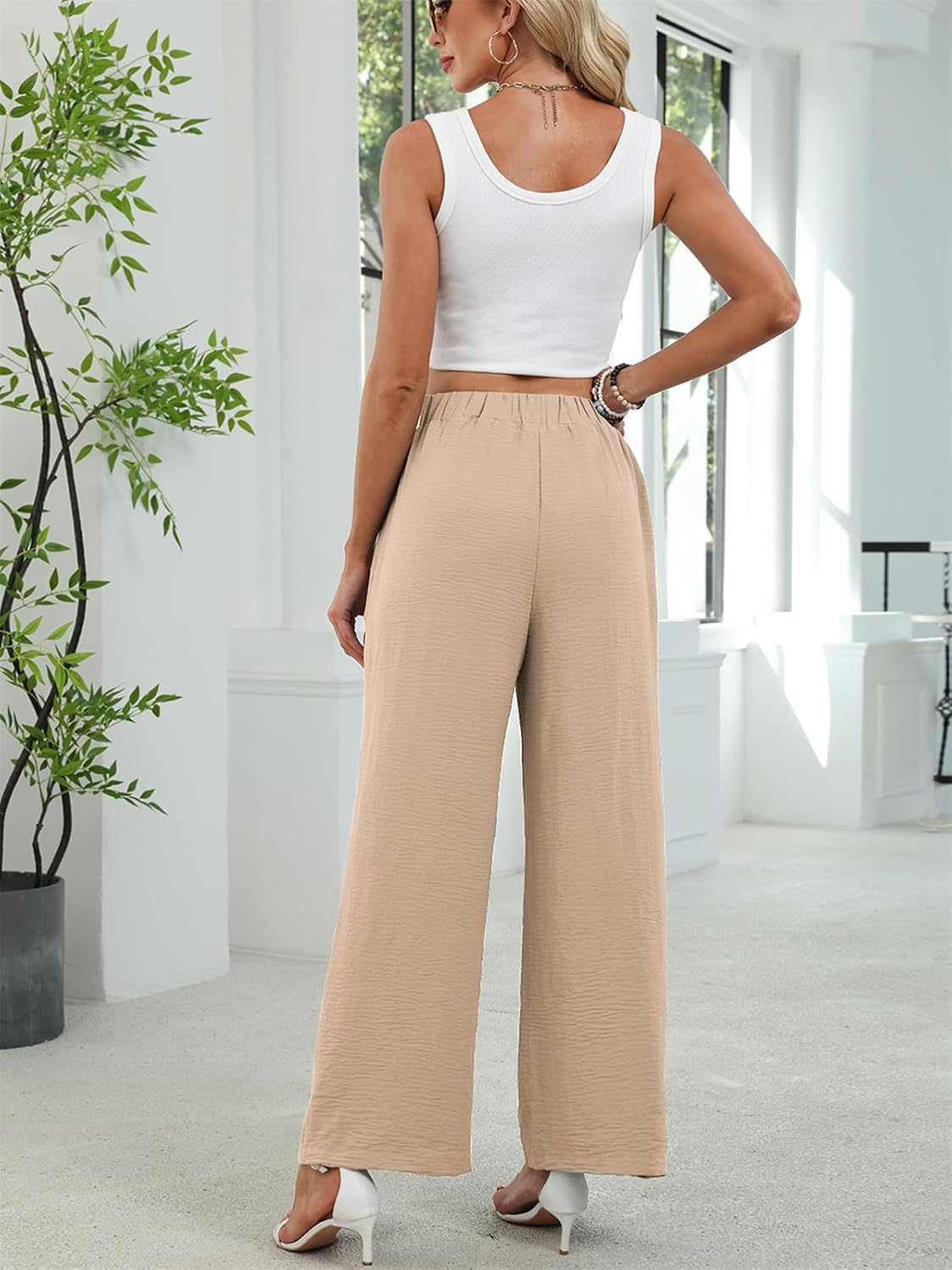 Womens Summer Wide Leg Casual Pants High Waisted Flowy Beach Travel Vacation Clothes with Pockets