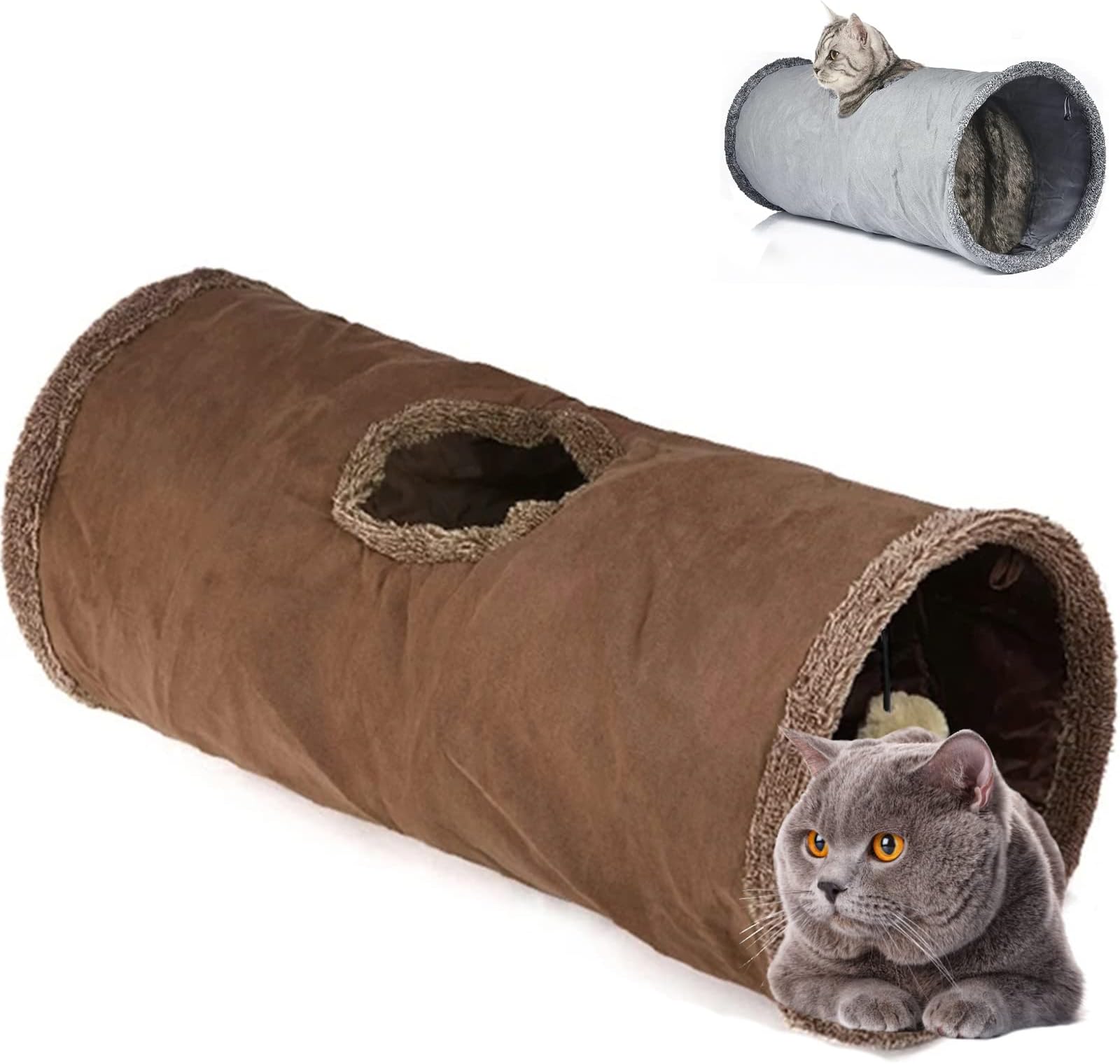 LeerKing Large Foldable Cat Tunnel Toy with 1 Holes for Kittens, Rabbits, Puppies, Brown Length 67 cm x Diameter 30 cm