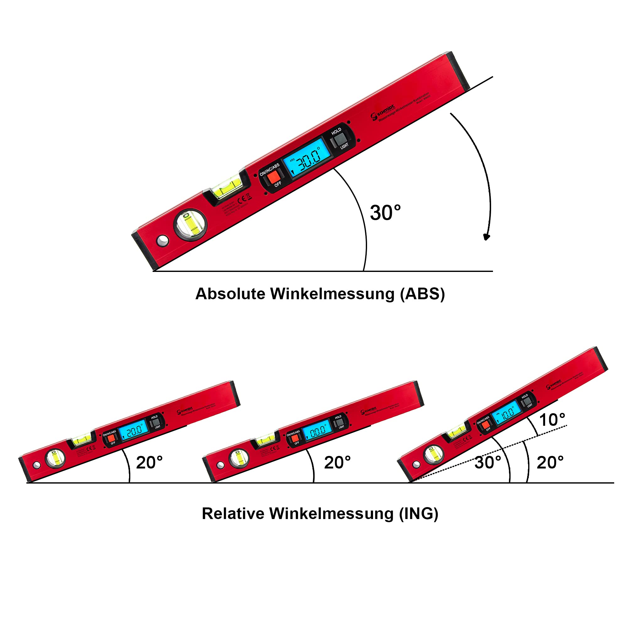SCHMIDT security Tools Elektronik Wasserwaage Winkelmesser - Neigungsmesser - digital LCD-Anzeige - Kombimessgerät - Gradmesser- Vertikal- und Horizontal-Libelle - Winkelwaage - Magnetwaage