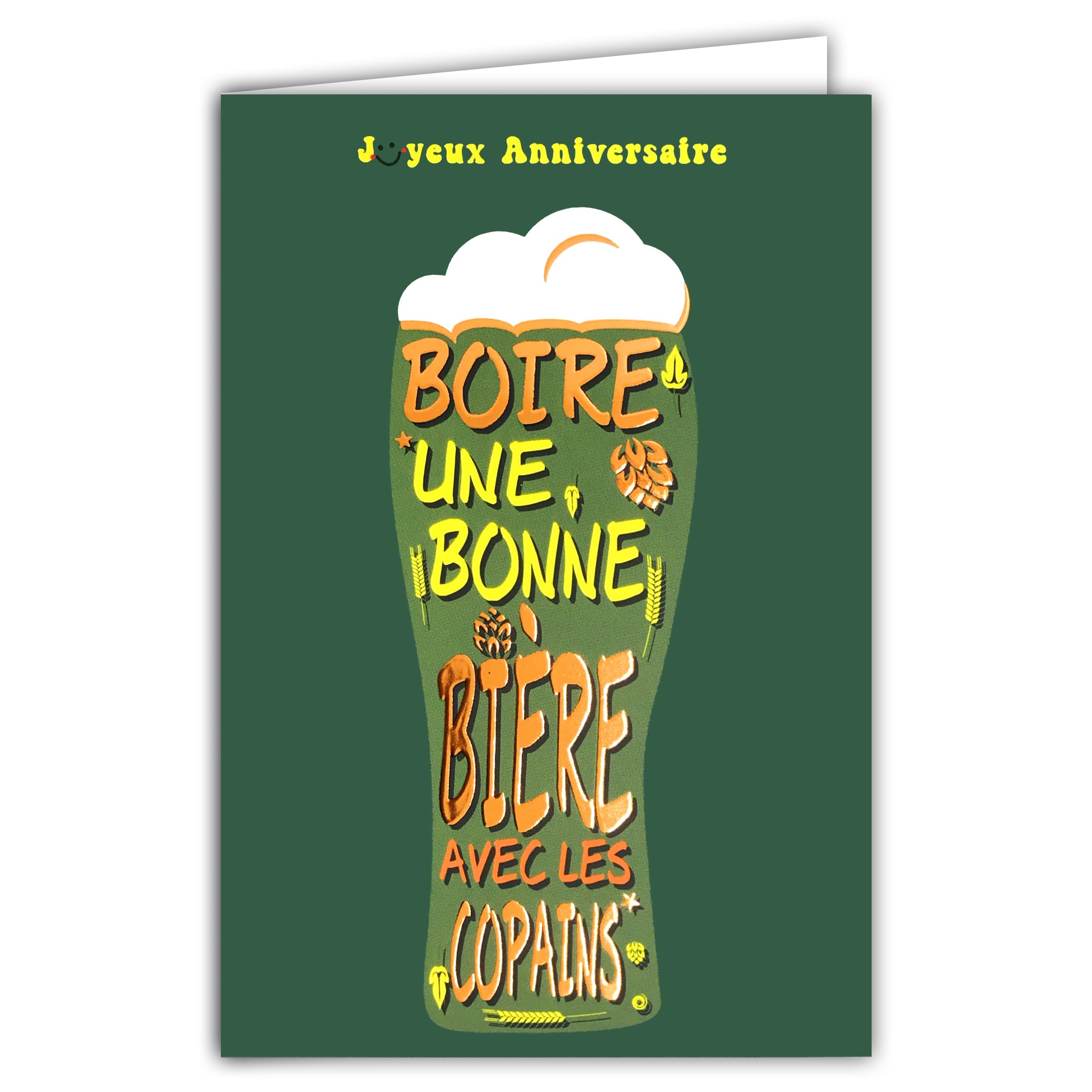 69-9038 Happy Birthday Card for Who Loves Beer Toast Health Friends Friends Words in Shiny Copper Orange + Envelope 12 x 17.5 cm – White Interior – Creation Print Made in France