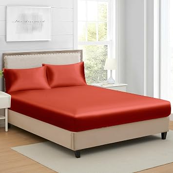 Queen Silk Satin Fitted Sheet, Soft Deep Pocket Single Bottom Bed Sheets Sold Separately, Wrinkle Free, Non- Fading, Breathable, Fully ElasticizedQueen Size, Burnt Orange