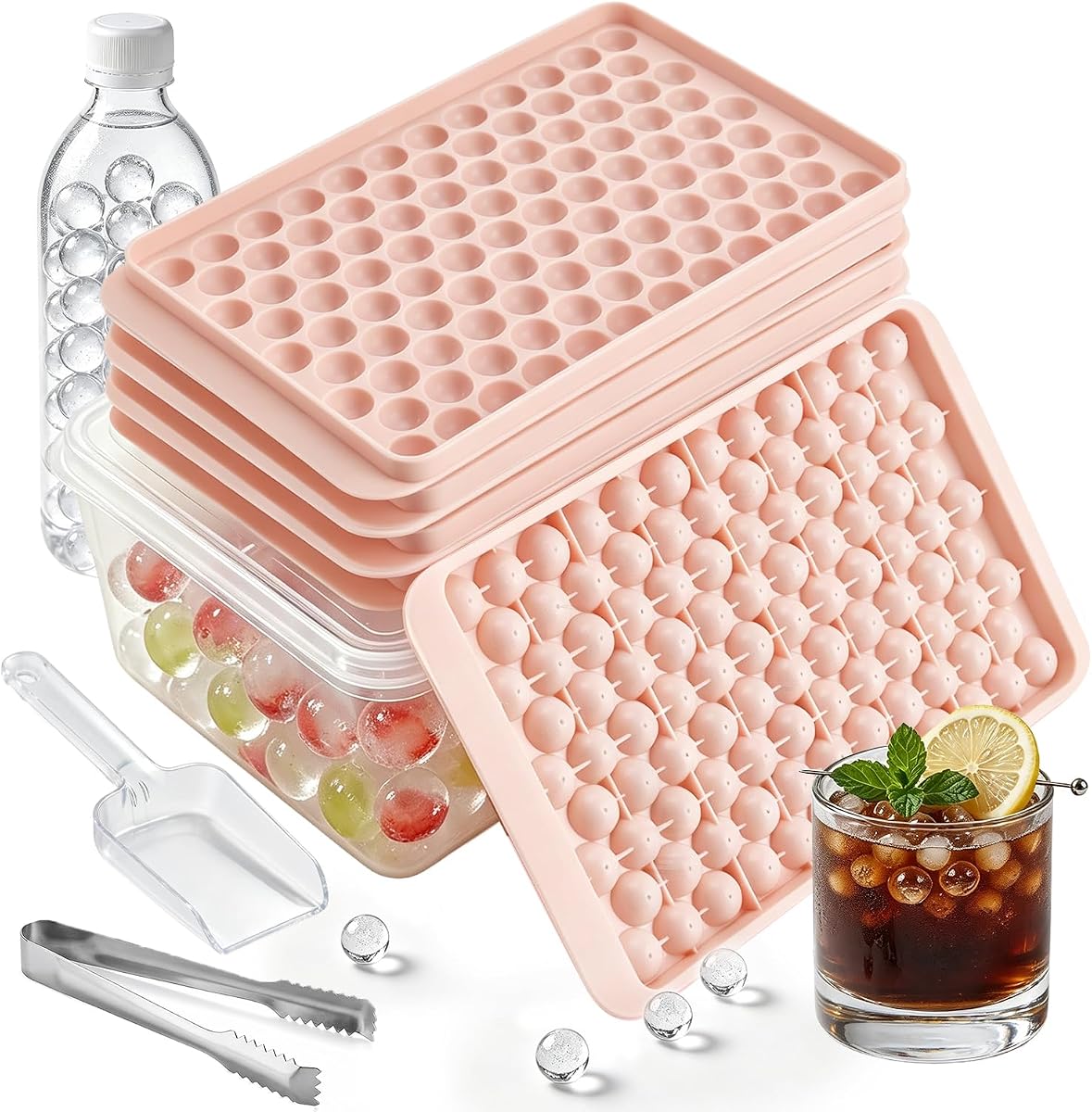 Bandeja para cubitos de hielo de 104 piezas con tapa y recipiente (rosa flor de cerezo) | Con tapa y recipiente, fácil de girar y liberar, apilable, para cócteles, café, jugo, paquete de 4, 416 piezas todas