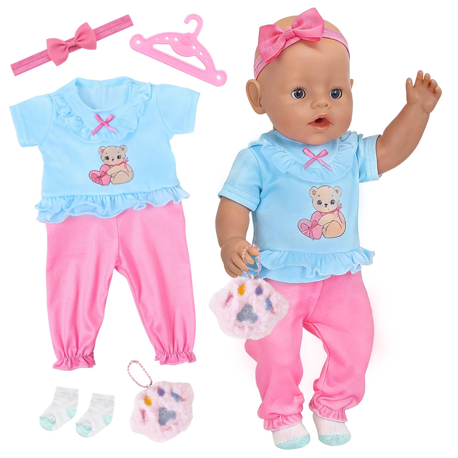 5 Pcs Baby Doll Clothes for 14-18 Inch Baby Dolls, Pink and Blue Bear Doll Outfits with Onesie Socks Headbands Hangers Bear Paw Accessory, 35-45 cm New Born Doll Accessories for Girls Birthday Gift