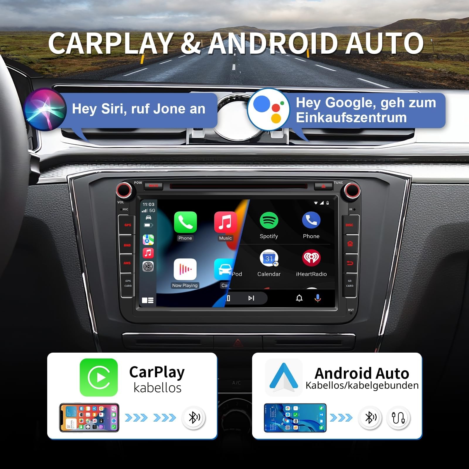 8" 4G+64G Android 15 Autoradio mit Navi für VW T5 Golf 5 6 Polo Sharan Seat Passat Tiguän, Doppel din Radio IPS Bildschirm Mediareceiver mit CarPlay Android Auto Bluetooth PDC RDS CD