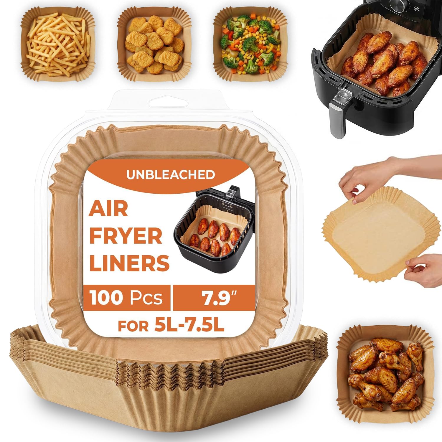 Roe Tenpo Air Fryer Liners, 100Pcs Disposable Baking Parchment Paper, Non-Stick & Greaseproof, Air Fryer Accessories for Ninja AF180UK AG301UK, COSORI, Tefal Easy Fry, Russell Hobbs Air Fryer