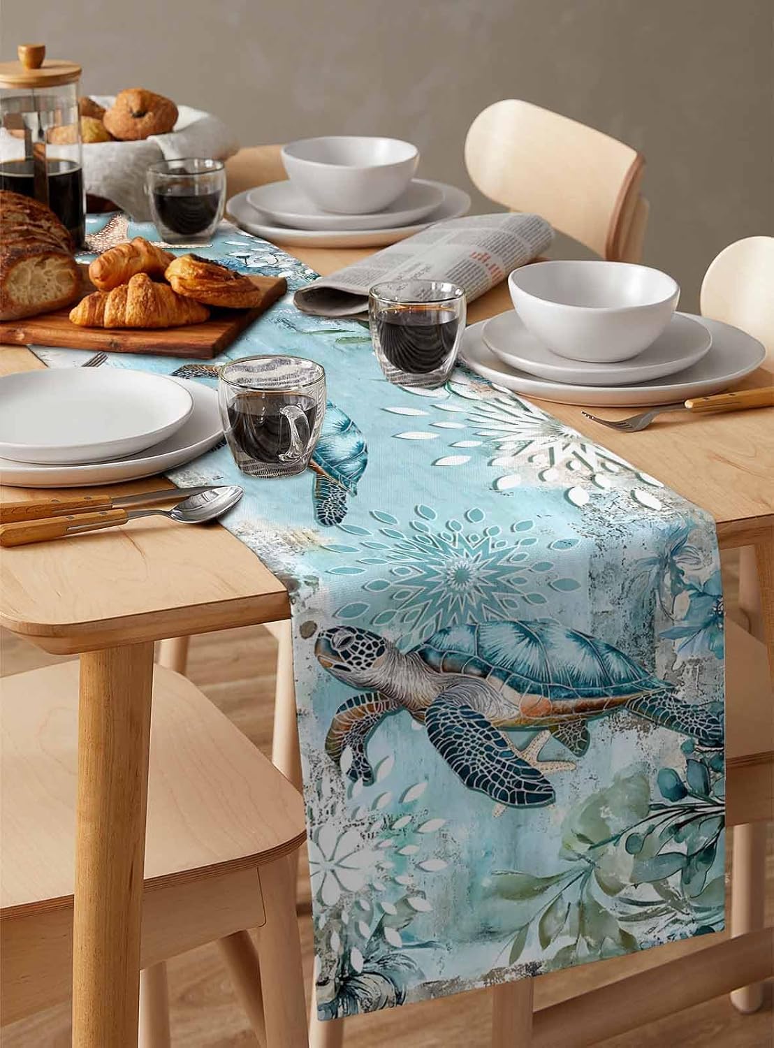 Sea Turtle Coastal Table Runner 120 Inches Long, Nautical Beach Farmhouse Dress Scarves, Vintage Teal Botanical Ocean Dining Tablerunner for Coffee Table/Kitchen Island/Party, 13" x 120"