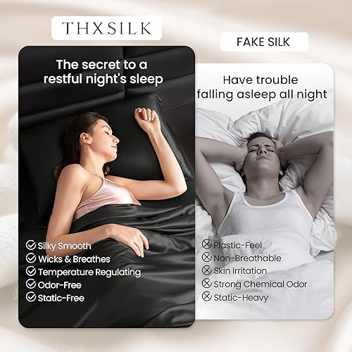Miniatura 3 de THXSILK Juego de sábanas de seda de 4 piezas, juego de sábanas de tamaño matrimonial, 22 sábanas de seda Momme 7A+, sábanas suaves y transpirables