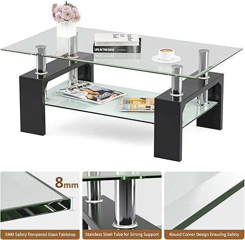 Miniatura 5 de Mesa auxiliar rectangular de cristal con patas de tubo de metal mesa auxiliar de 2 niveles mesa auxiliar moderna para sala de estar color negro