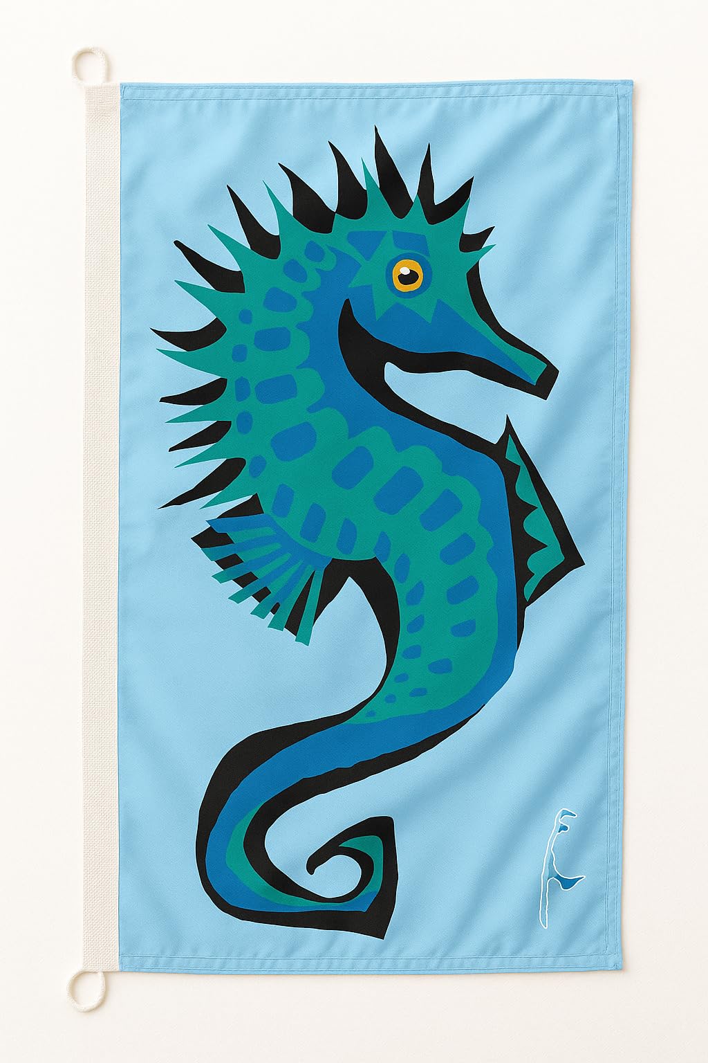 Drapeau hippocampe bleu sarcelle grand format 150x90 pavillon animal silhouette Sylt