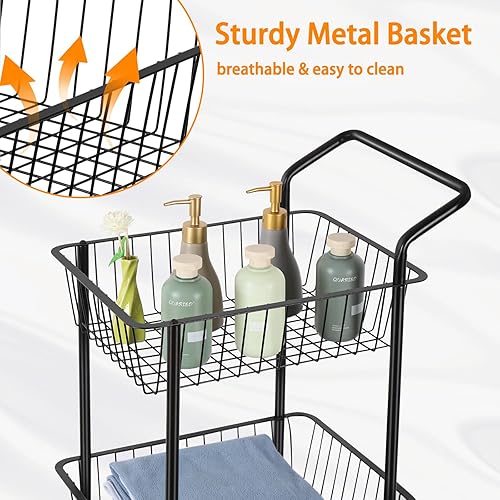 Miniatura 4 de OYEAL Carrito de almacenamiento de cocina con ruedas de 3 niveles, cesta de frutas delgado, carrito de almacenamiento de cocina negro con cestas y