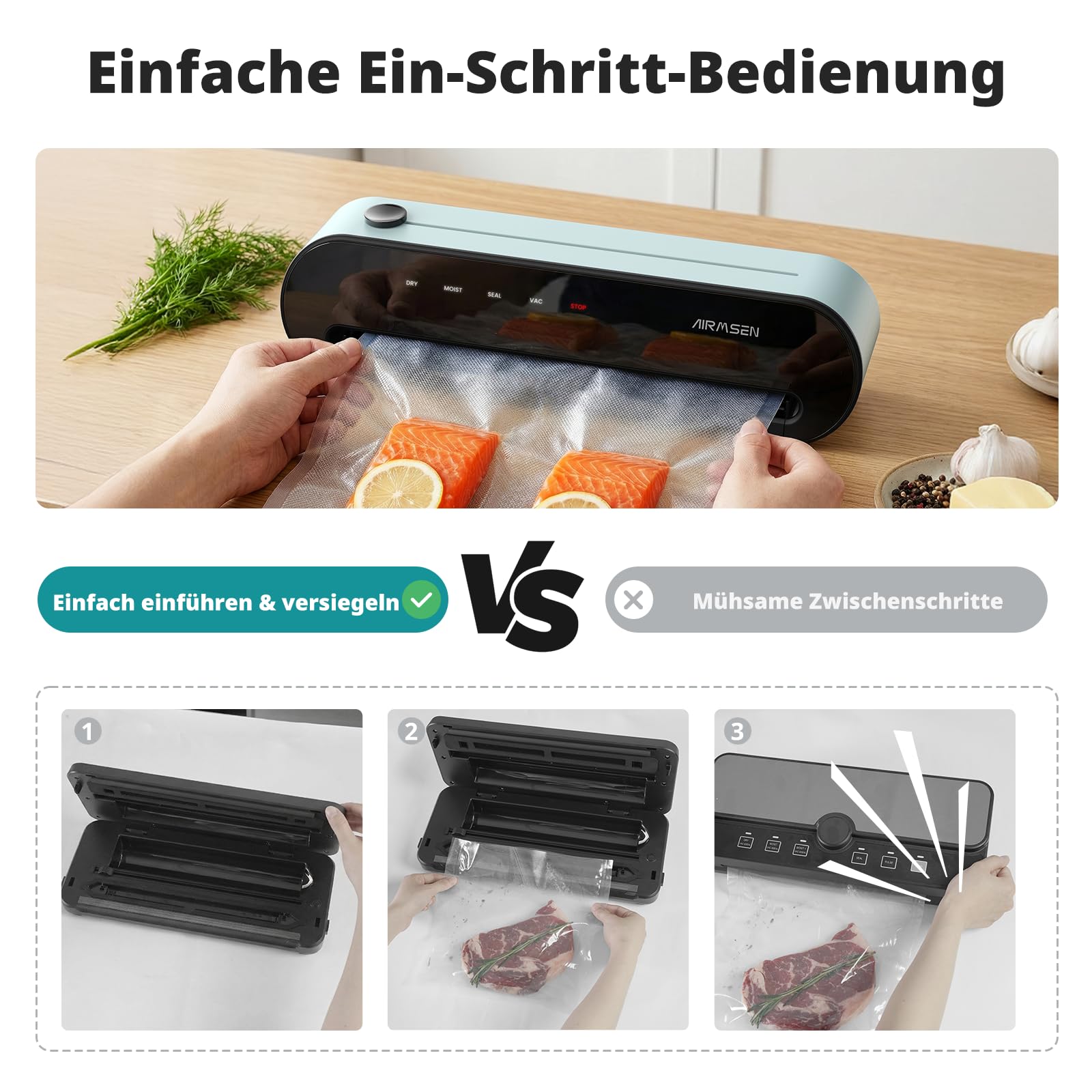 AIRMSEN 6-in-1 Vakuumiergerät Vollautomatisch mit Aufblasfunktion, Leistungsstarke Tiefenabsaugung, Einhand-Bedienung mit Cutter & Schlauchaufbewahrung, Starter-Kit, Mintgrün