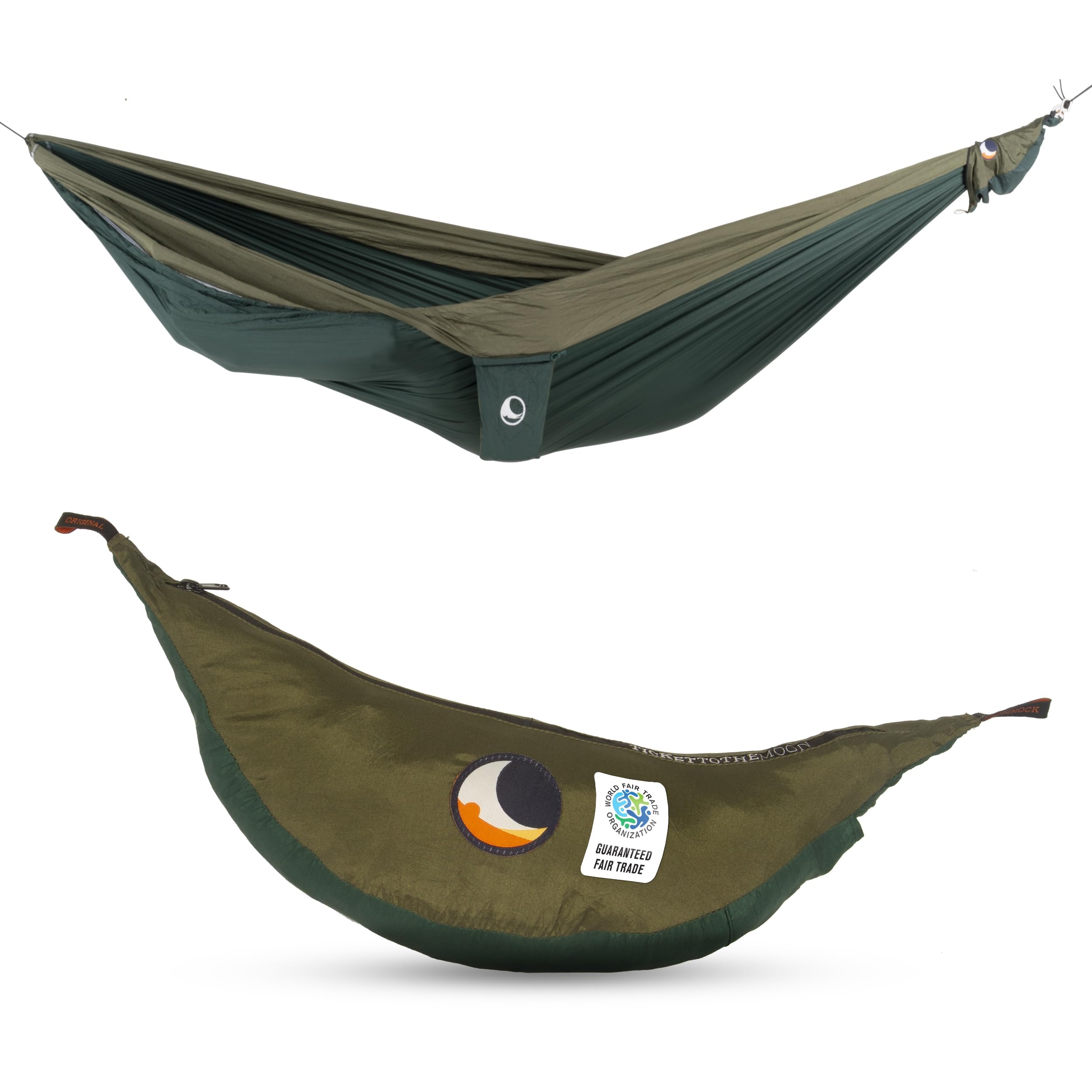 Ticket to the Moon Fair Trade and Handmade 1-2 Person King Size Lightweight Hammock Dark Green/Army Green for Travel, Camping and Daily Use,XXL 3.2x2.3m, 700g, Parachute Silk Installation <1min. Garden