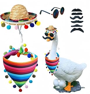 Lawn Goose Outfit Set with Hat, Scarf, Beard, Glasses, 23/17 inch Statue Decoration for Patio, Mexican Style