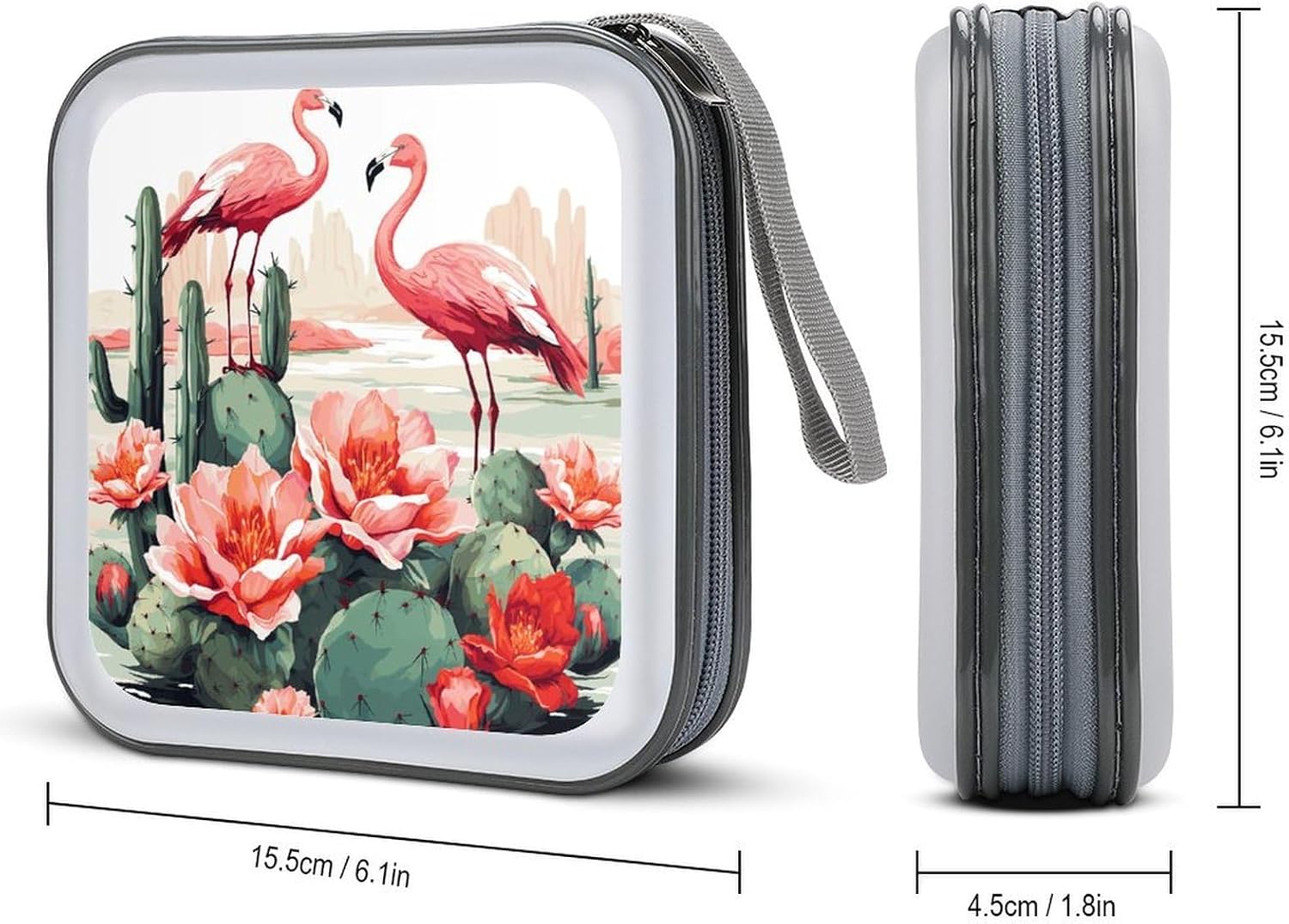 Cactus Flamingo Rose Flowers CD Case Holder Hard Plastic DVD Case Storage Holders 40 Capacity Large Storage Disc Wallet Bag Portable Zipper CD/DVD Wallet Holder Organizer for Car Home Travel