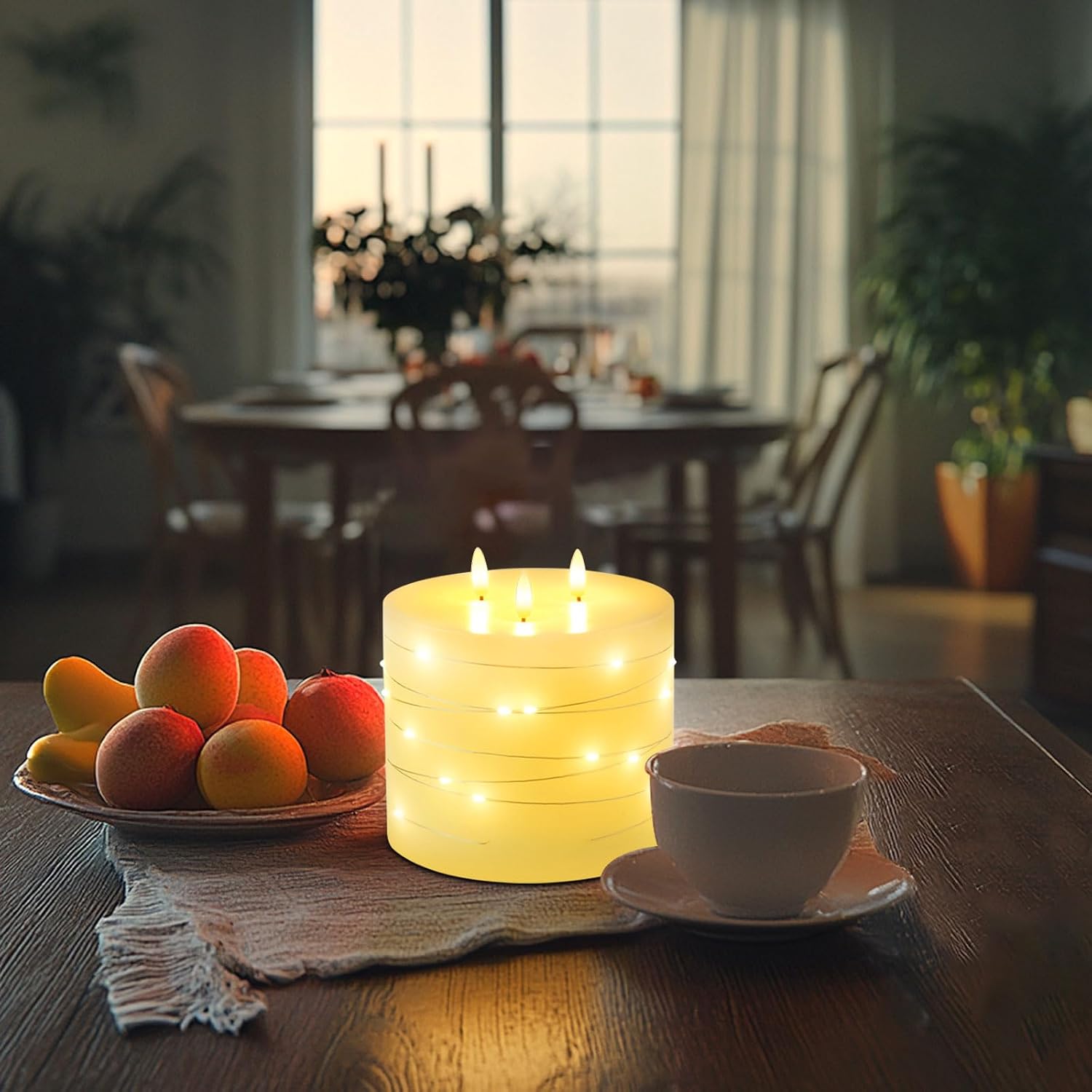 amagic 6"x6" extra large flameless candles with 3 wicks, battery operated candles with remote control and timer, led pillar candles with bling string light, real wax, realistic 3d wick, ivory d6"xh6", string light