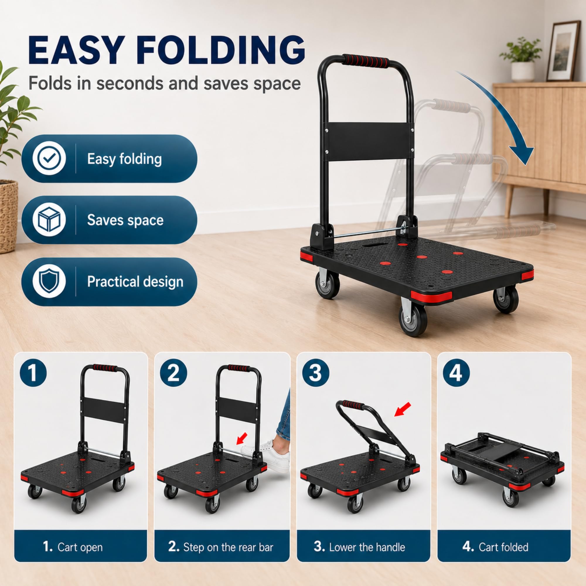 Carrello Piattaforma Pieghevole Supporta 550 kg Nero, Ruote TPR 5" | Carrello di Trasporto per Magazzino e Traslochi