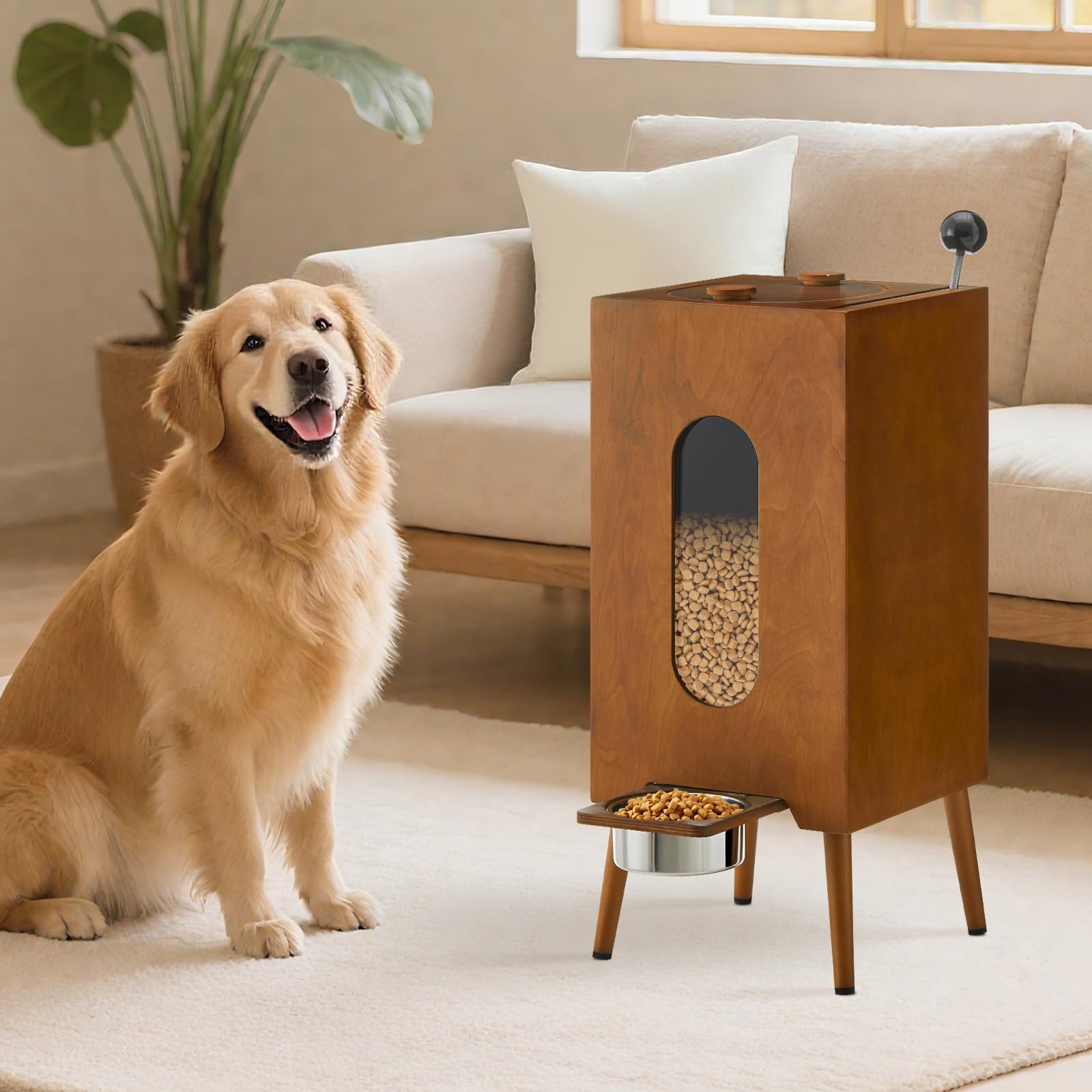 TUKAILAi Elevated Pet Feeder 10L Big Capacity Dog Food Storage Bucket Wooden Pet Dining Table with Stainless Steel Bowl for Dogs Cats Kitten Puppy Feeding Station
