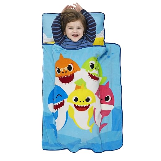 Baby Shark Toddler Nap Mat - Includes Pillow and Fleece Blanket – Great for Boys and Girls Napping at Daycare, Preschool, Or Kindergarten - Fits Sleeping Toddlers and Young Children
