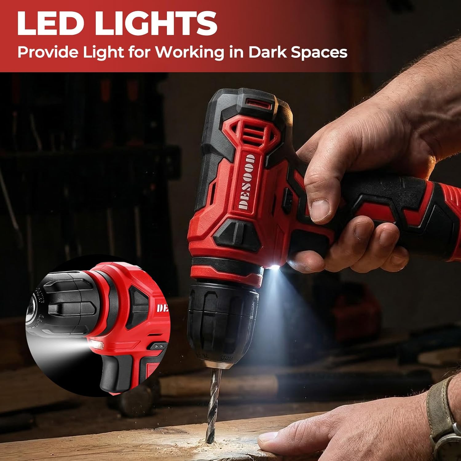 Cordless Electric Power Drill Set: DESOON 12V Cordless Drill with Battery, Lightweight Drills Tool Set for Men & Women, Red Electric Drill for Home Repair Furniture Assembly DIY Project Screw Driving