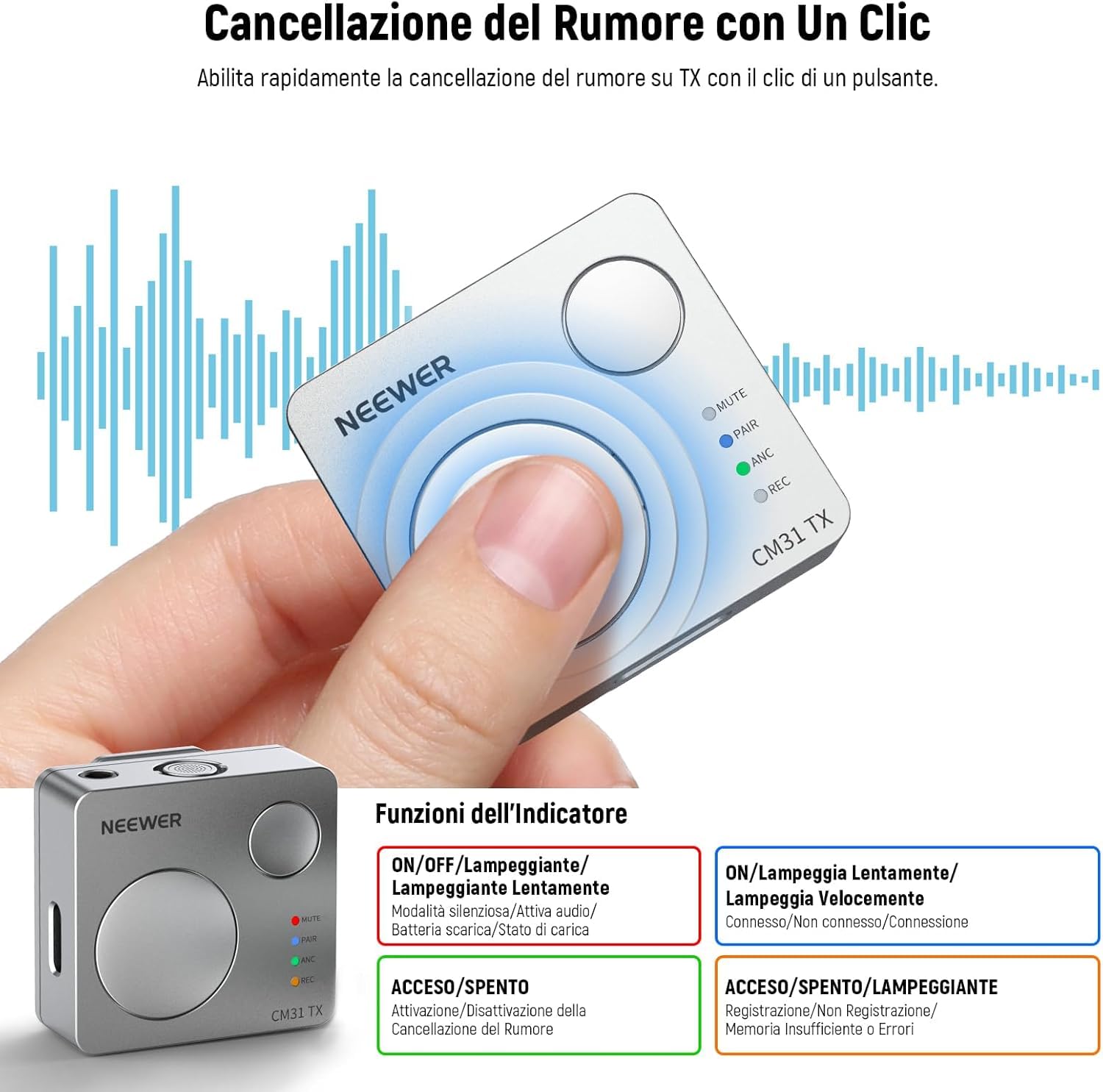 NEEWER CM31 Microfono Lavalier Wireless, Spazio Archiviazione 8GB Trasmissione 250m, Microfono Mobile Omnidirezionale a Clip da Bavero, Anti Rumore, Compatibile con iPhone Android PC Laptop Fotocamera