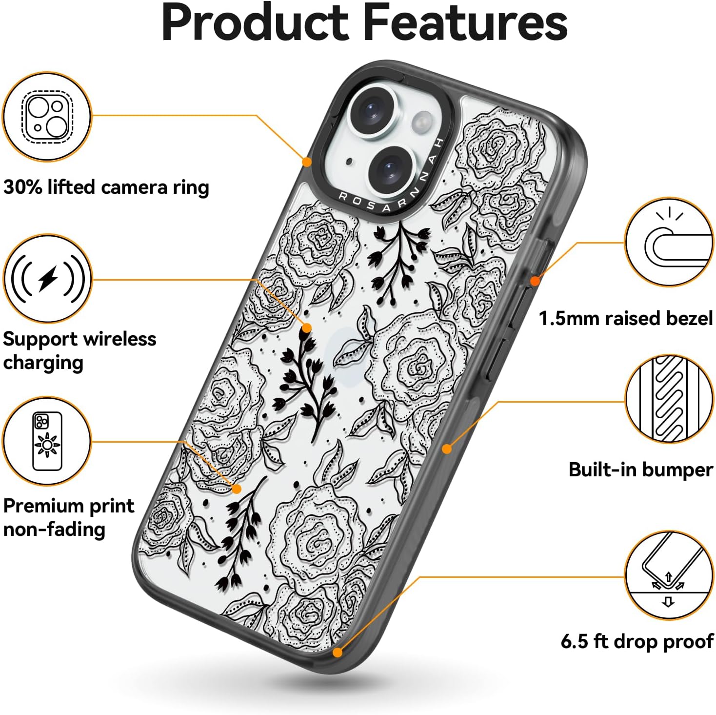 Compatible for iPhone 15 Case Cute Aesthetic - Durable Shockproof 6.6 ft Drop Impact Phone Case Cover with Funny Fashion Black Rose 6.1" Black