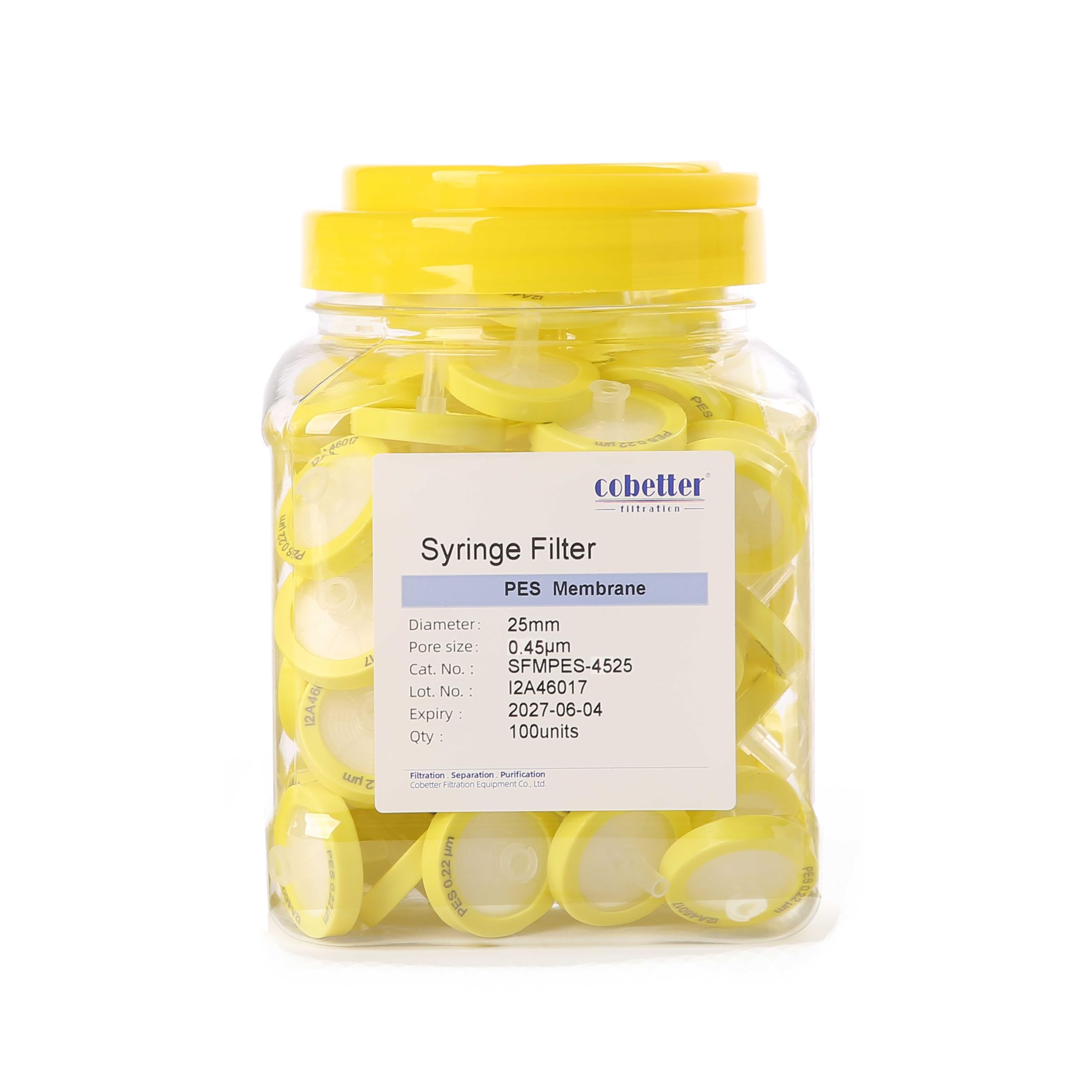 COBETTER 100 Pack PES Syringe Filter Lab Filters 0.45μm Pore Size 25mm Diameter Hydrophilic Filtration Non-sterile Yellow