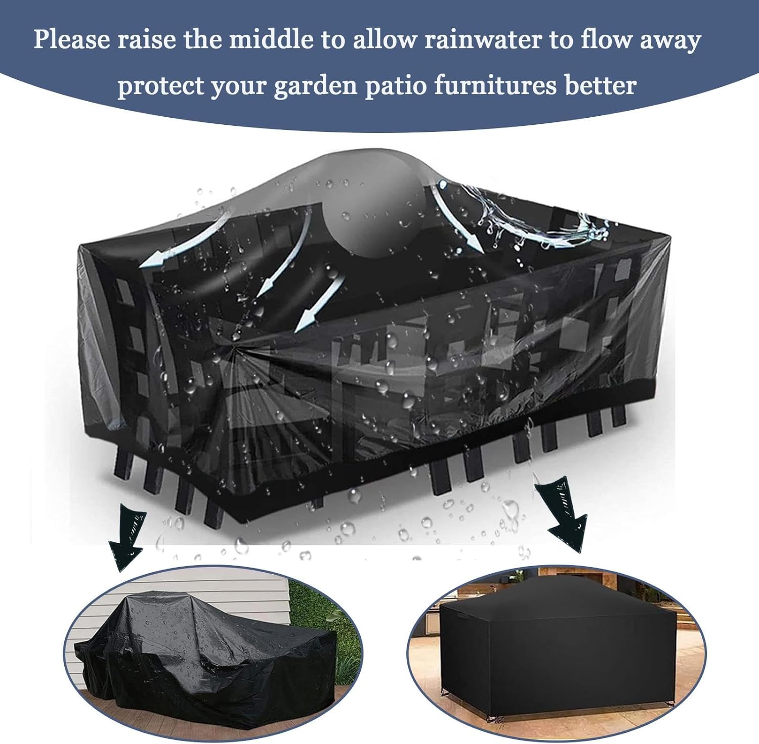 Garden Furniture Cover, 125 x 95 x 80 cm/LxWxH 420D Oxford Fabric Rectangular Waterproof Garden Table Cover, Anti-UV, Windproof, Cold Resistant Protective Tarpaulin