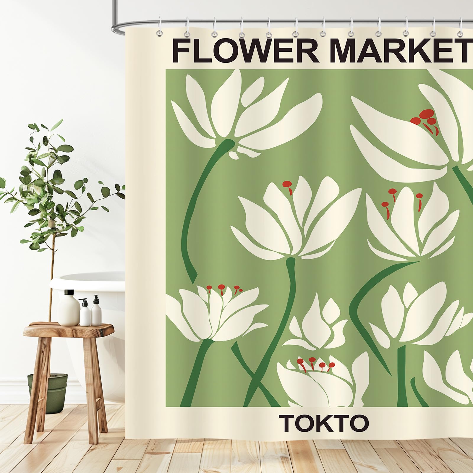 BREASOME Waterproof Shower Curtain 180 x 180 cm Green Floral Shower Curtain for Bathroom Decor Mould Proof Polyester Fabric Bath Curtain with 12 Hooks - Image 3