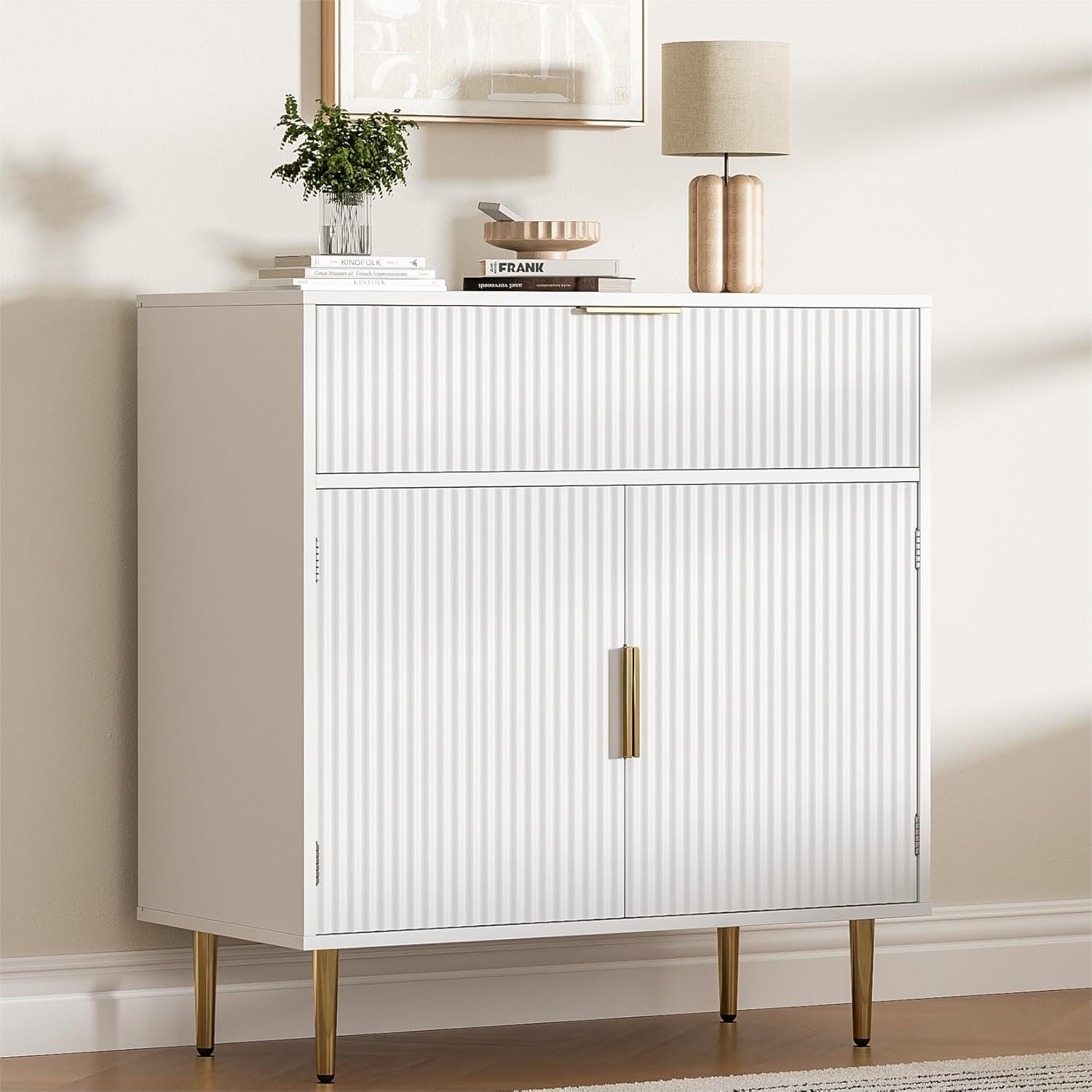 Housoul Coffee Bar Cabinet with 2 Doors & Drawer, Sideboard Buffet with Adjustable Shelves, Accent Liquor Cabinet with Storage, Console Table for Living Dining Room, White