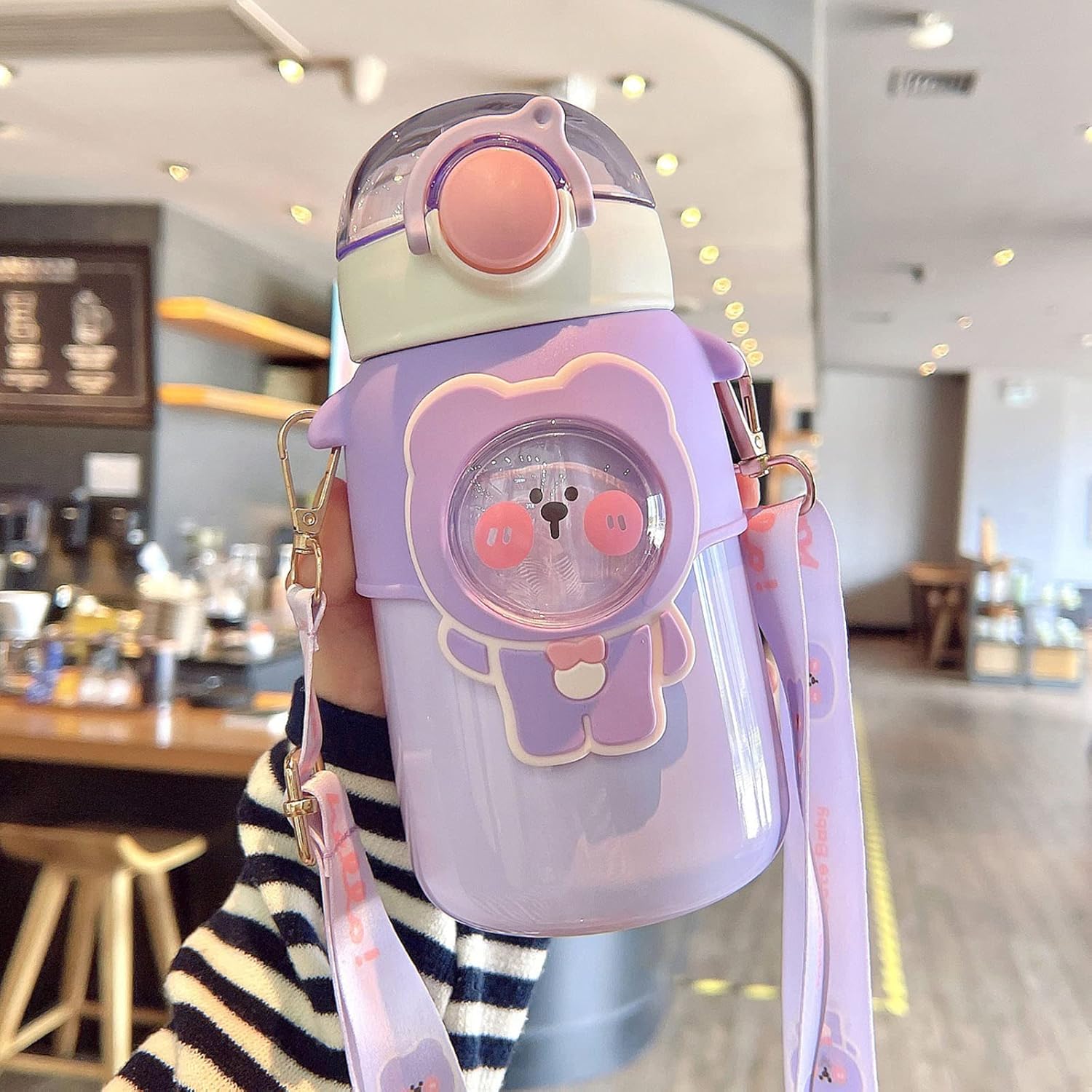 Kawaii Water Bottle Cute Little Bear Water Bottle with Shoulder Strap Stainless Steel Thermal and Cold Water Bottle