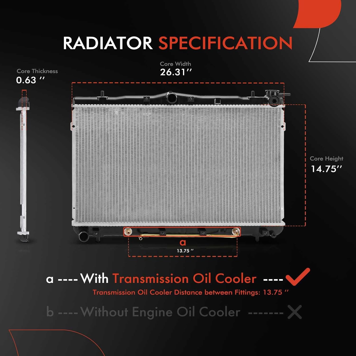 A-Premium Engine Coolant Radiator Assembly with Transmission Oil Cooler Compatible with Hyundai Elantra 1996-2000, Tiburon 1997-2001, 1.8L 2.0L, Automatic Transmission