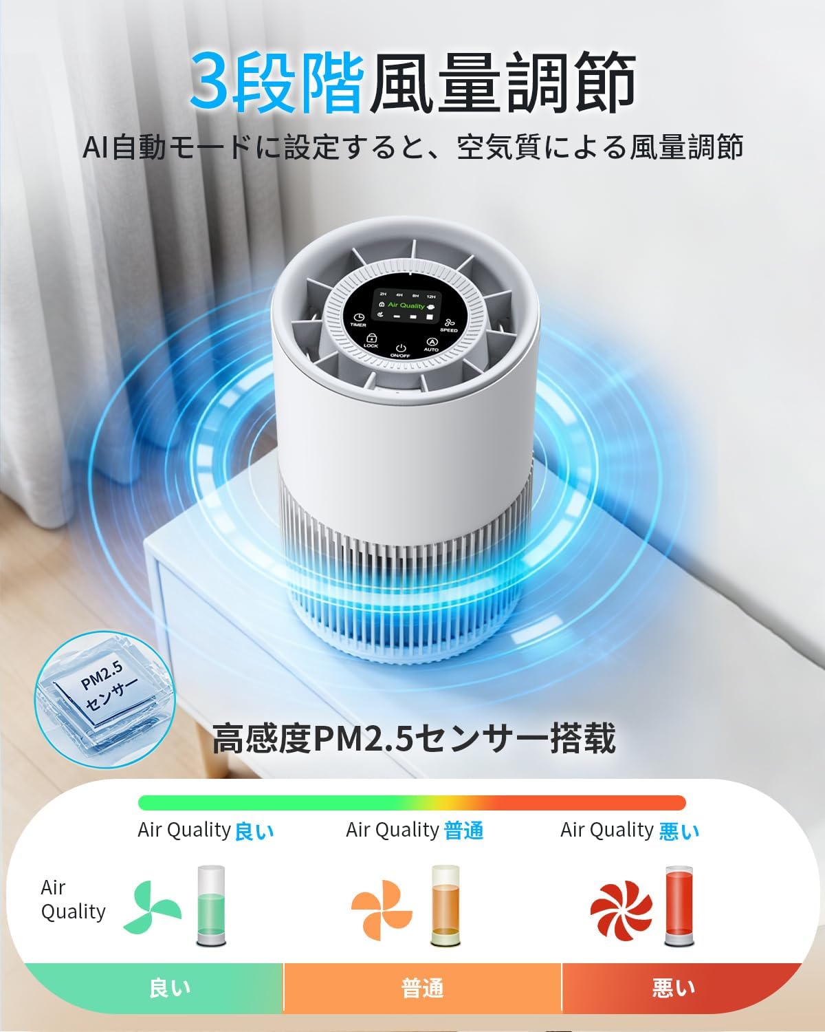 Tiger Portable Air Purifier Model 2026 - Compact with 3-Speed Settings, AI Auto Mode, 20dB Quiet Design, and HEPA Filter view 3