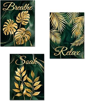 YeiLnm Emerald Green and Gold Wall Decor Botanical Canvas Breath Relax Soak Wall Art