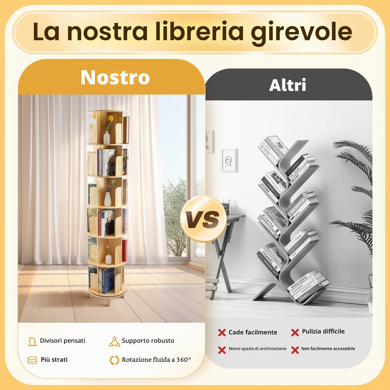 Libreria girevole a 6 livelli, a 360 annunci, a torre, in legno massiccio, girevole, per corridoi, balconi, camera da letto, organizer multifunzione, altezza dello strato 31 cm