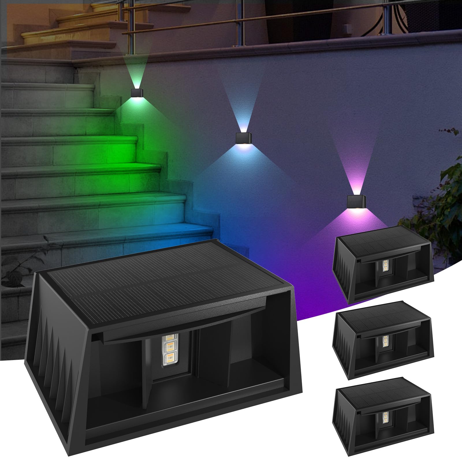 T-SUN Solar Fence Lights Outdoor Garden, IP65 Waterproof RGB Solar Wall Light Outdoor, Adjustable Beam Angle, Auto On/Off Sensor Garden Fence Lights for Outside Patio Deck Decorations, 4-Pack