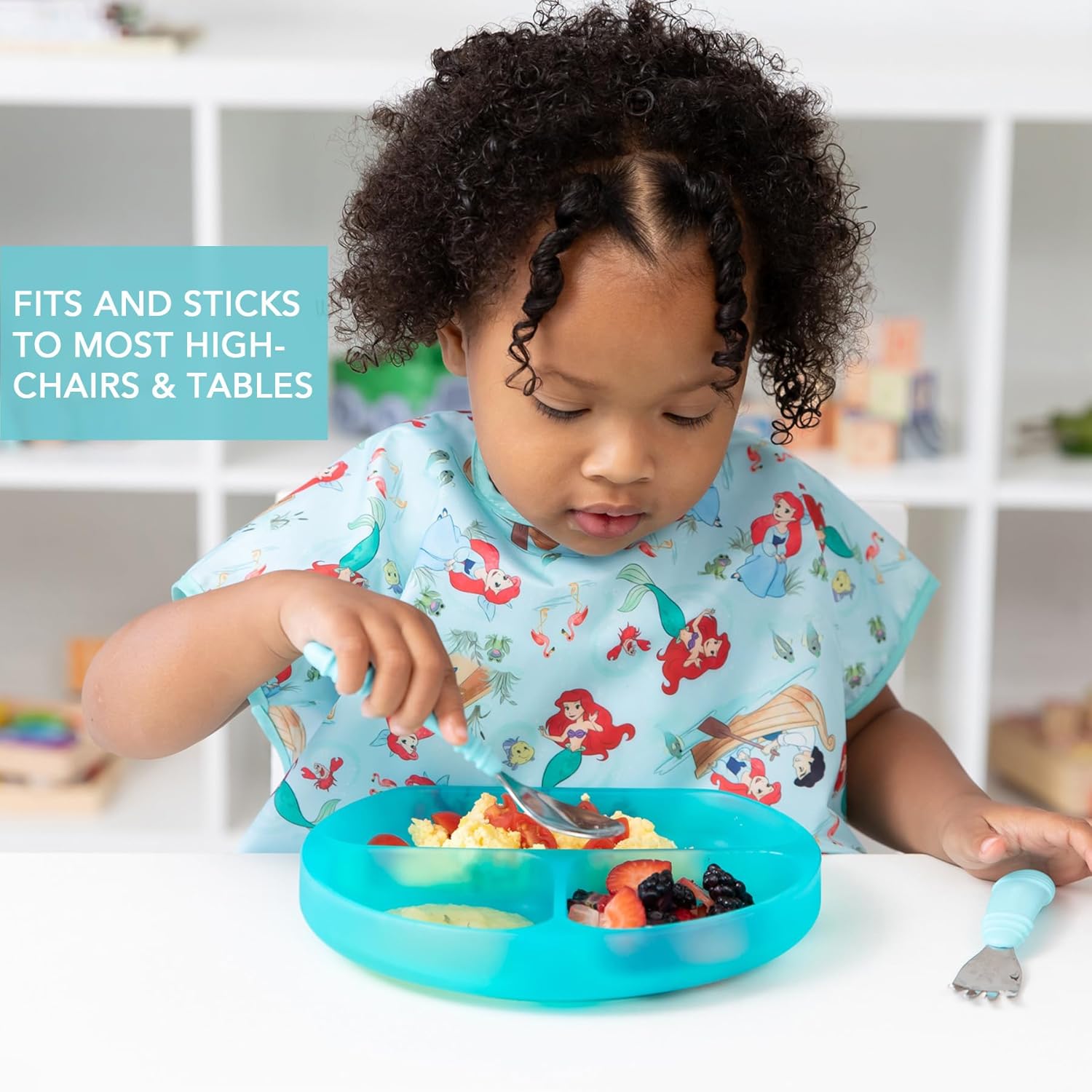 Bumkins Toddler and Baby Suction Plate, Silicone Divided Grip Dish for Babies and Kids, Baby Led Weaning, Children Feeding Supplies, Non Skid Sticky Bottom, Ages 6 Months Up, Blue Jelly