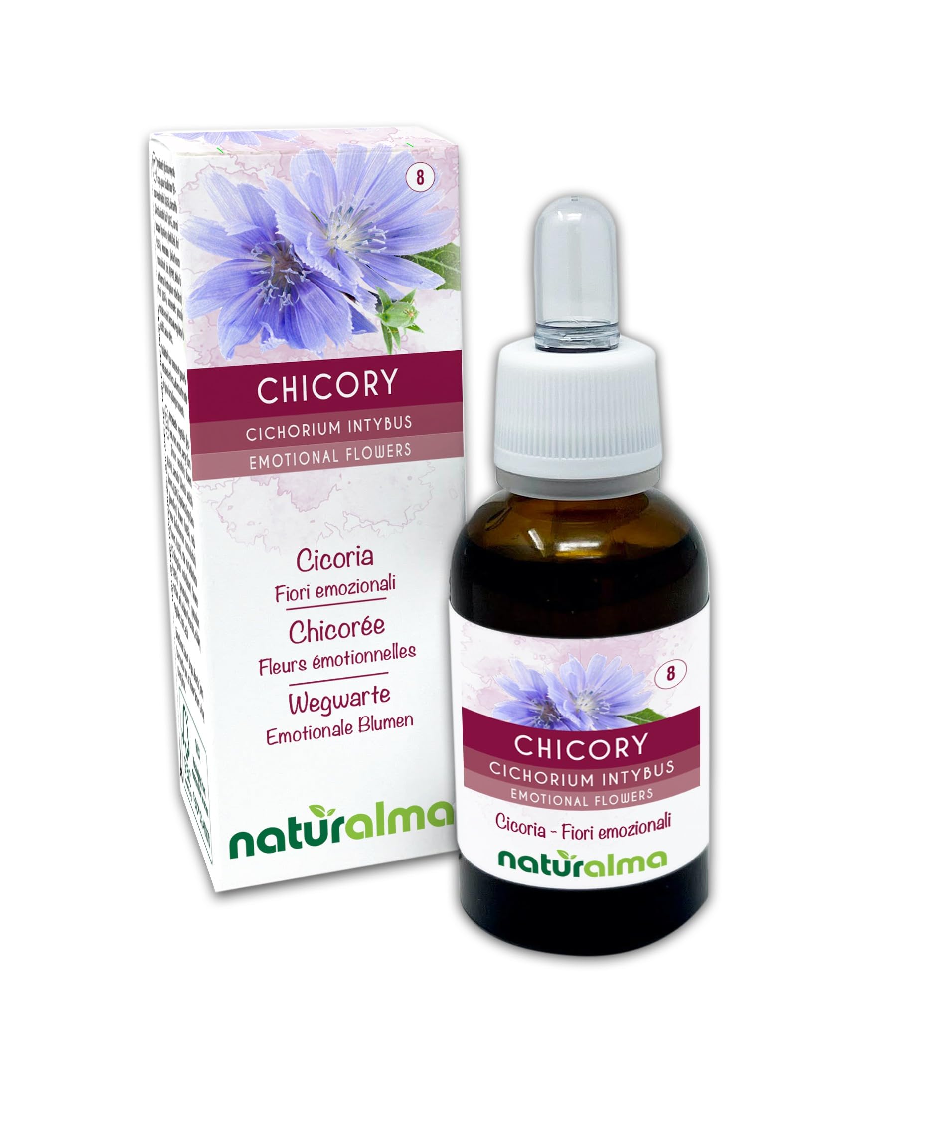 Chicory lub Cykoria podróżnik (Cichorium intybus) Kwiaty emocji lub Kwiaty Bacha Naturalma - Krople 30 ml - Płynny ekstrakt bezalkoholowy - Esencje kwiatowe - Wegański