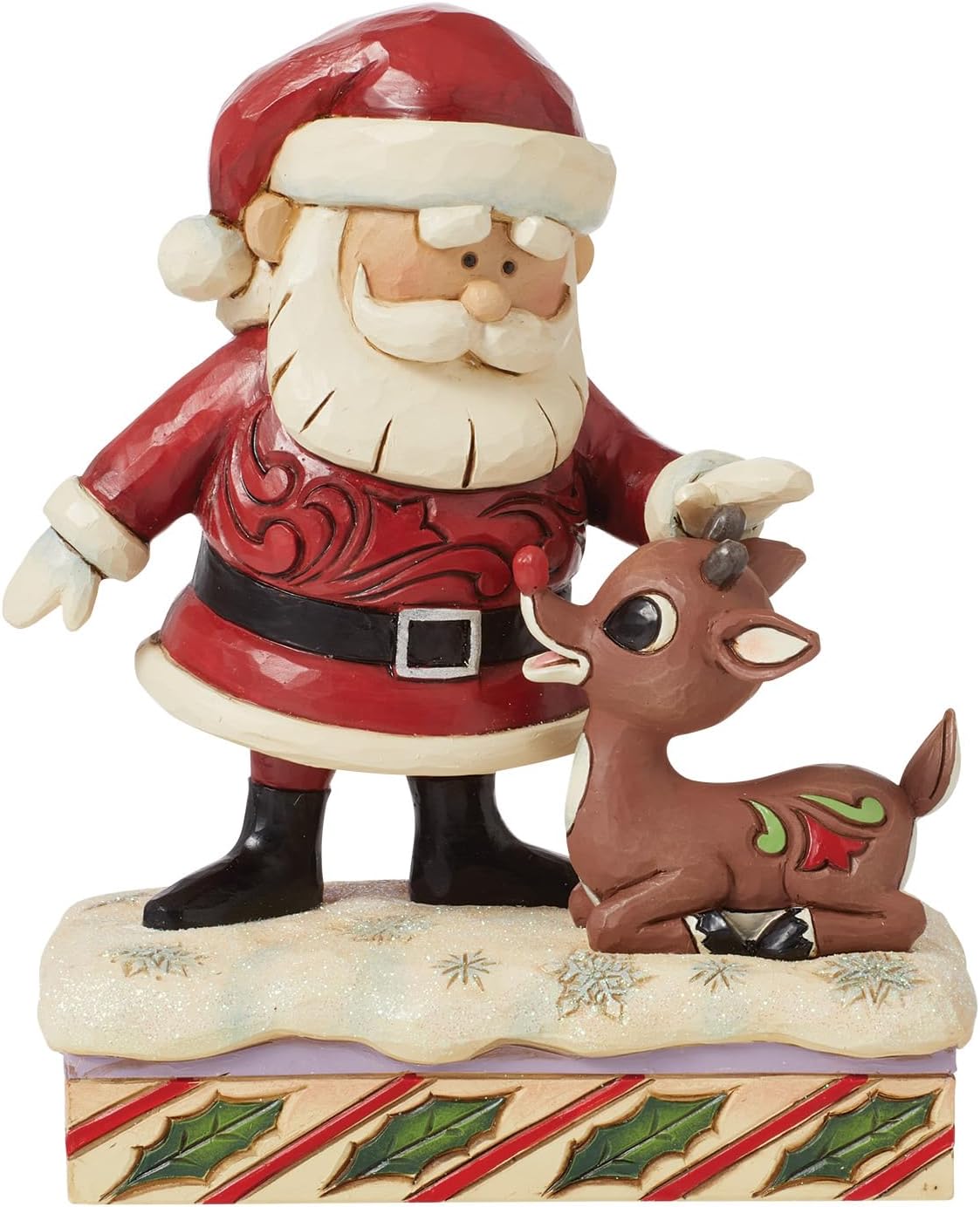 Enesco Rudolph Traditions by Jim Shore Santa Petting Rudolph Reindeer Lit Figurine- Stone Resin Hand Painted Crafted Collectible Rudolph Figurines with Lights Christmas Home Decor Statue, 6.3 Inch