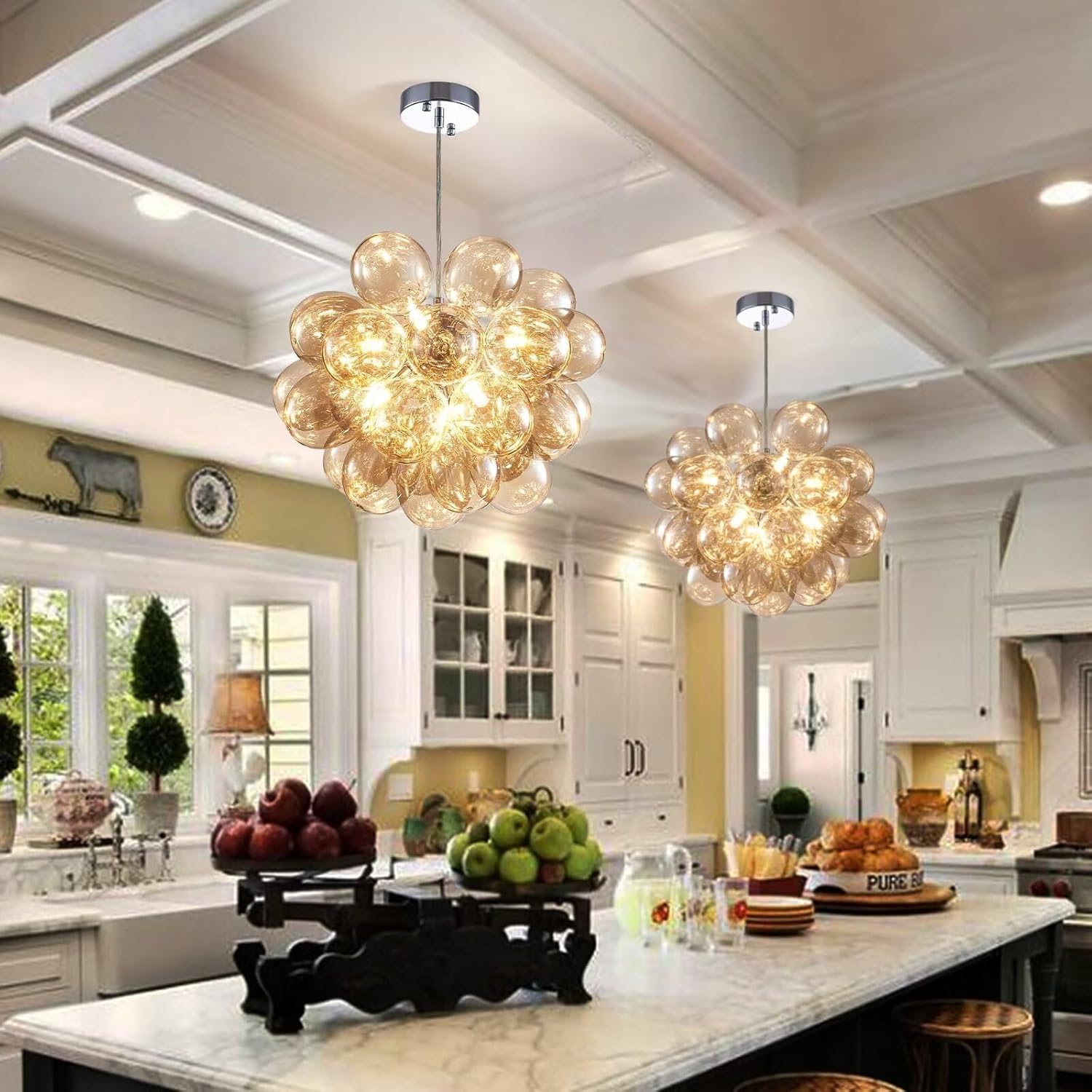 Bubble Ball Chandelier - Clear Glass Globe Chandelier Adjustable Height Chain Champagne High Ceiling Light Fixture for Dining Room Living Room Bedroom 20"x18"