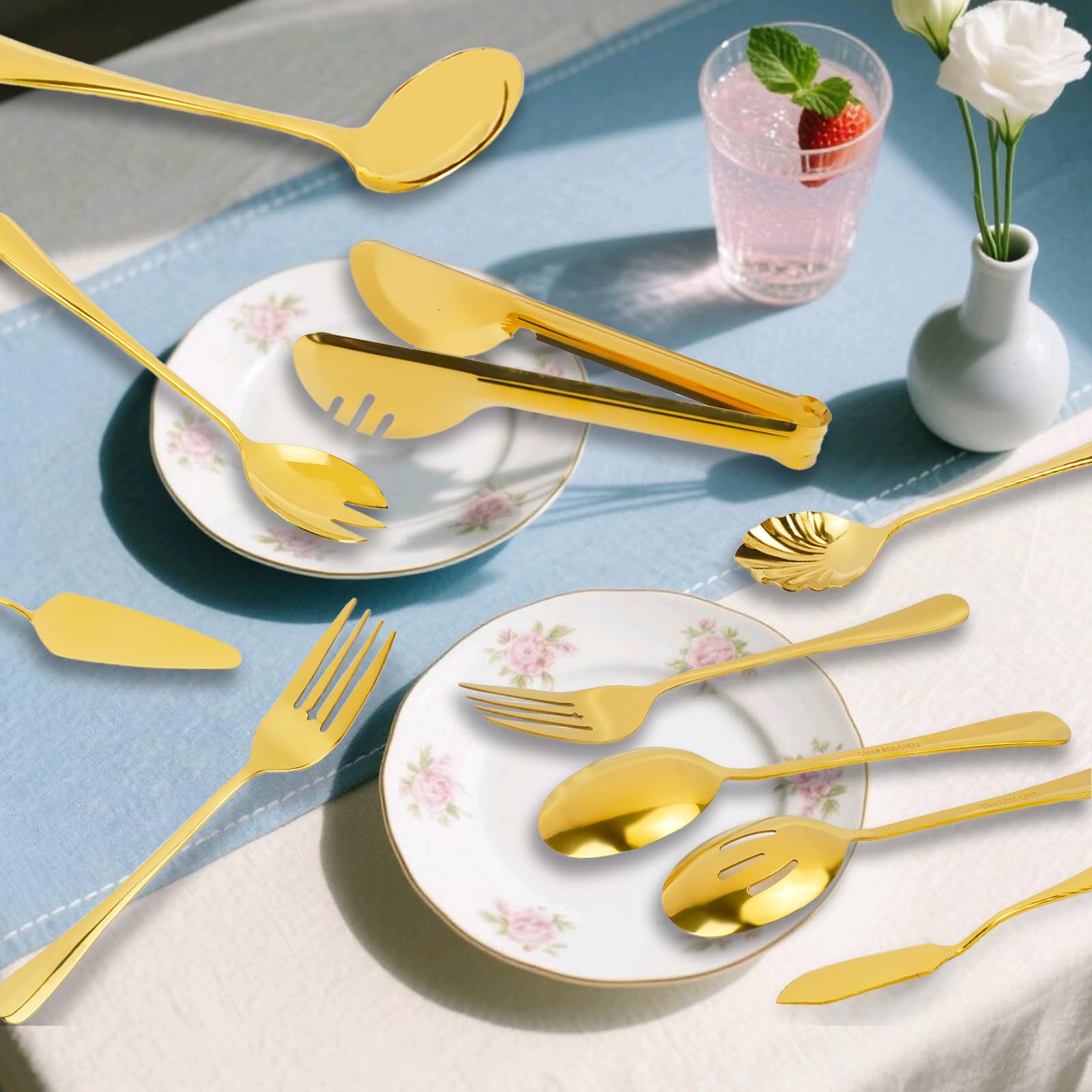 Set di posate dorate da 14 pezzi, in acciaio inox, grandi posate da insalata, mestolo da servizio, coltello da torta, forchette da torte, pinze da servizio, utensili da cucina, set per buffet