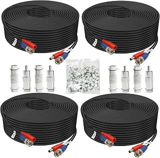 Aimyzii 150ft BNC Video Power Cable 4-Pack for CCTV DVR Security Cameras - 8 Adapters, 100 Clips Included, Weatherproof Black