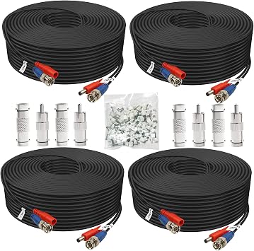 BNC Cable 200ft 4 Pack Aimyzii BNC Video Power Cable,Security Camera Cable for CCTV Camera DVR Security SystemsIncluded 8X BNC Adapters,100 Pcs Cable Clips-Black