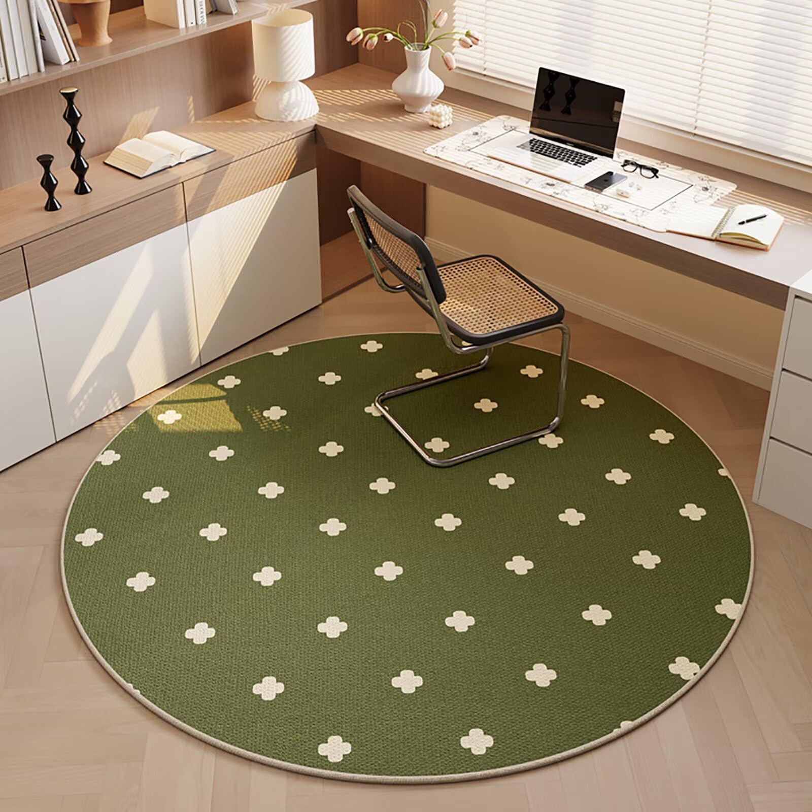Tapis rond vert moderne antidérapant et lavable de 100cm pour salon et chambre