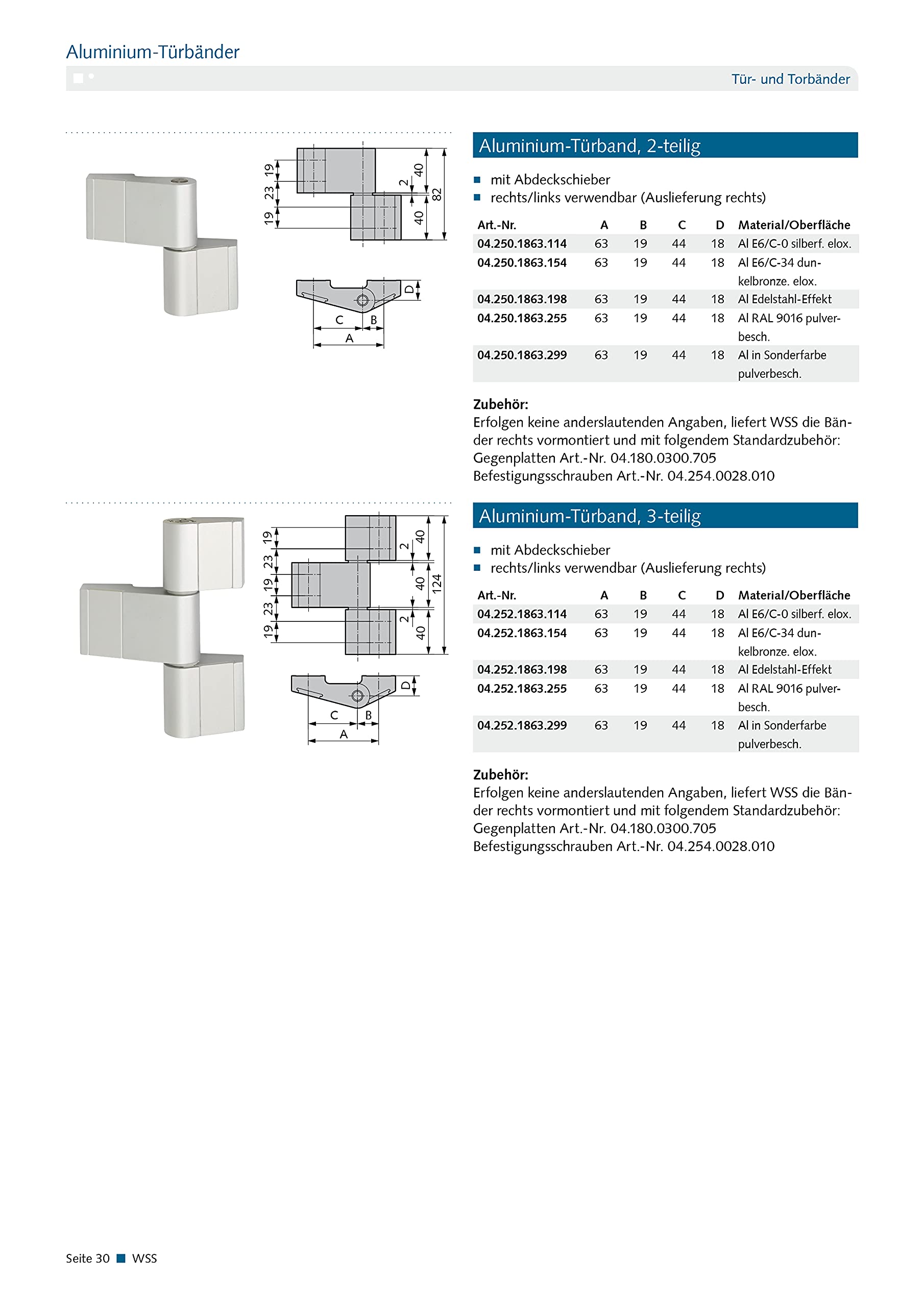 WSS Aluminium-Türband 2-teilig – Art.-Nr. 04.250.1863.114 | E6/C-0 silber eloxiert, Drehpunkt 18/Achse 63 mm, DIN links/rechts verwendbar, Türscharnier für Metall- & Aluminiumtüren