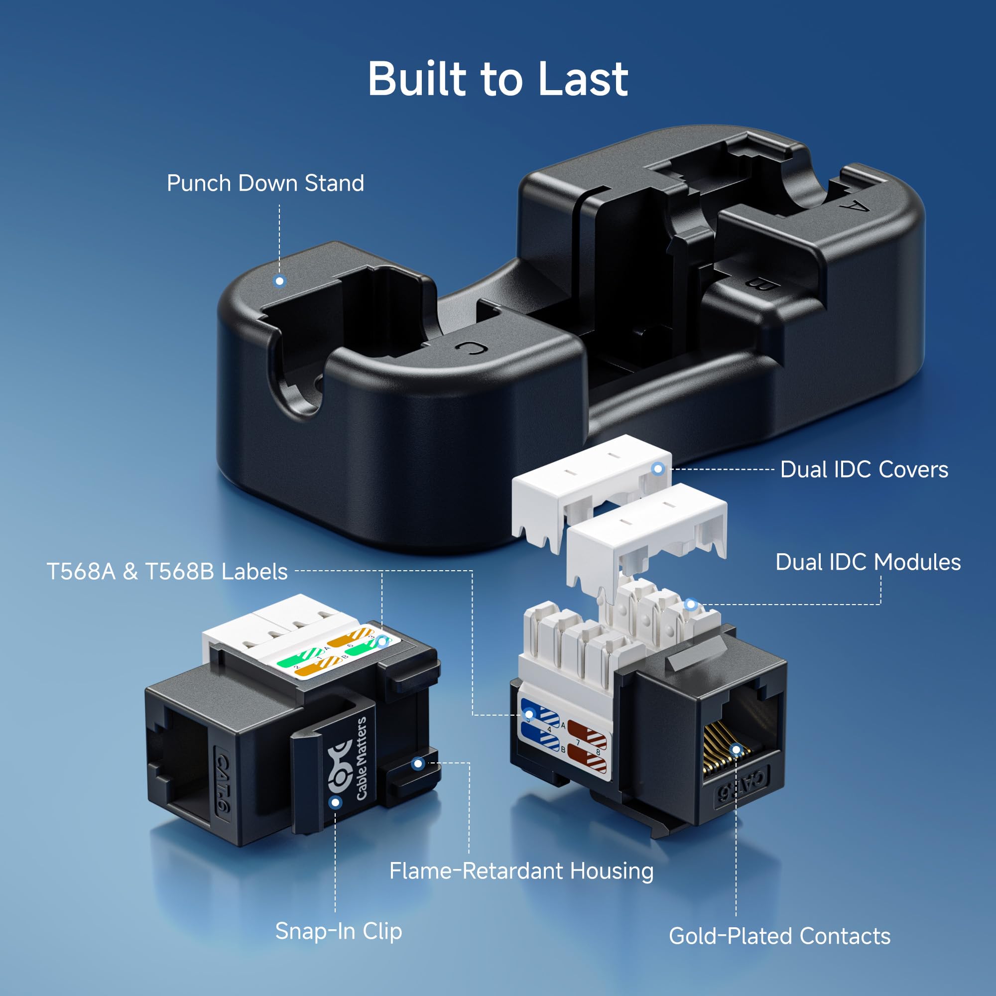 Cable Matters Confezione da 50 jack Keystone Cat6 da 10 Gbps, nero | Include supporto perforato, jack Keystone RJ45 per pannello patch e piastra a parete, jack modulare Ethernet
