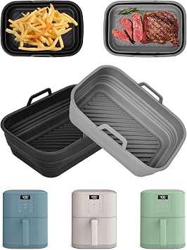 Air Fryer Silicone Liners Collapsible 2-Pack for bella 6Qt5lb Slim Air Fryer, Reusable Airfryer Silicone Pot Baking Basket Insert Accessories, Non Stick, Easy Cleaning, Gray+Black