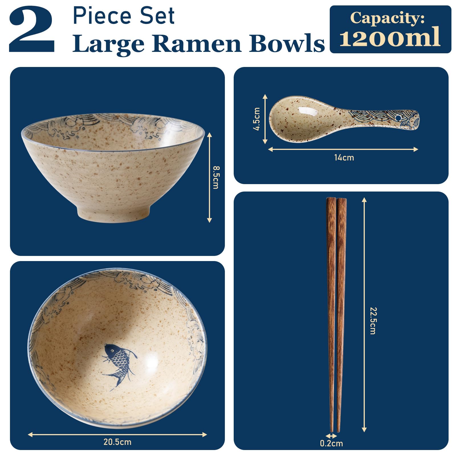 Ramen zestaw 2-częściowy, 2 x 1200 ml ceramiczna miska ramen z pałeczkami i łyżeczkami, duża miska na zupę i salaterkę, zestaw ramen do ramenu, pho, udon, nadaje się do kuchenki mikrofalowej i mycia w
